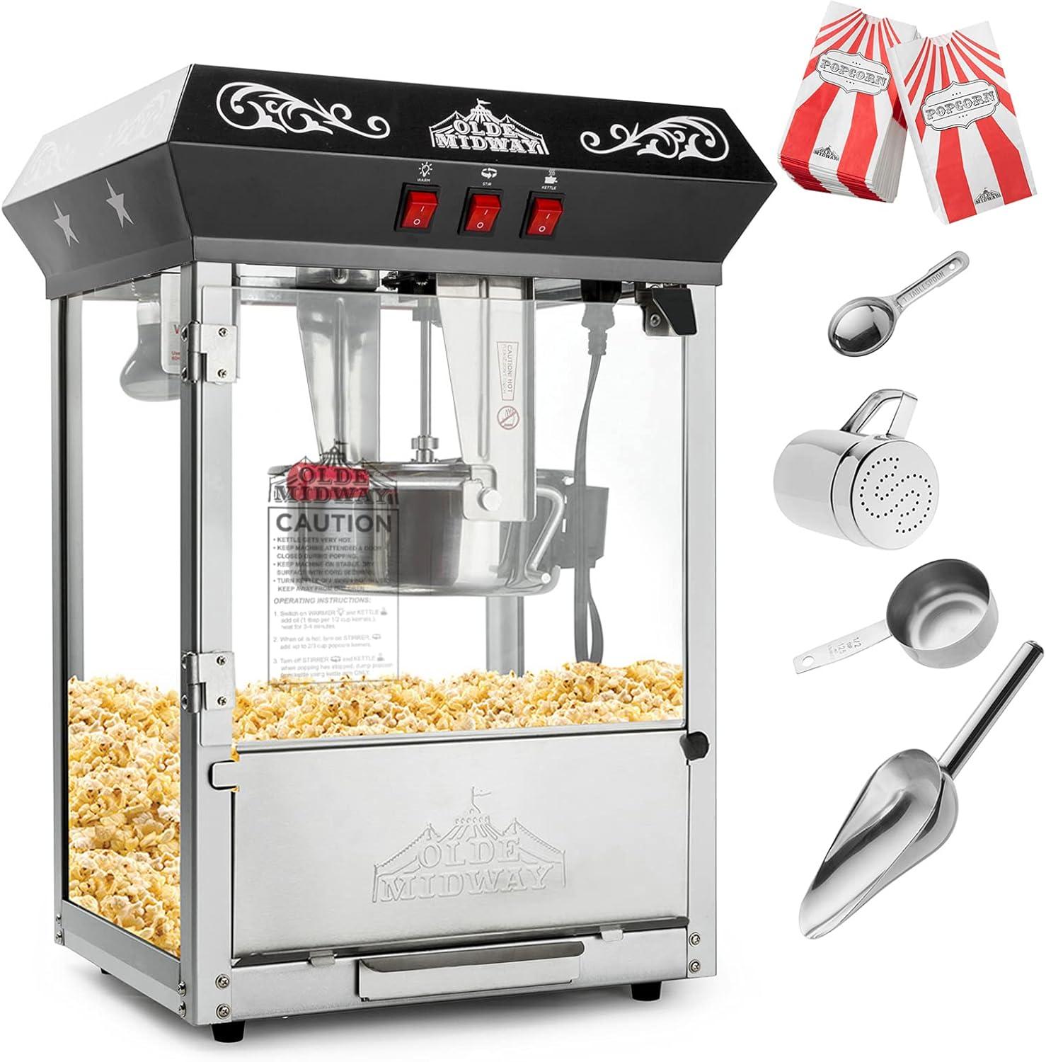 Olde Midway Vintage-Style Tabletop Popcorn Machine Maker Popper with 8 Ounce Kettle, Black