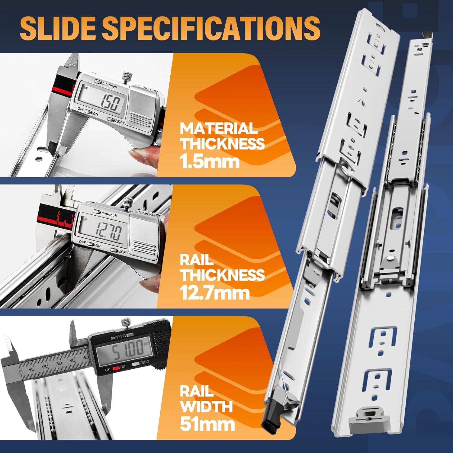 ZHUOJUN 1 Pair 150 lb Load Capacity Heavy Drawer Slides 12 14 16 18 20 22 24 26 28 30 32 34 36 38 40 Inch Side Mount Ball Bearing Runner Full Extension Tool Box Rails Glide(without Lock,18 inch) C30