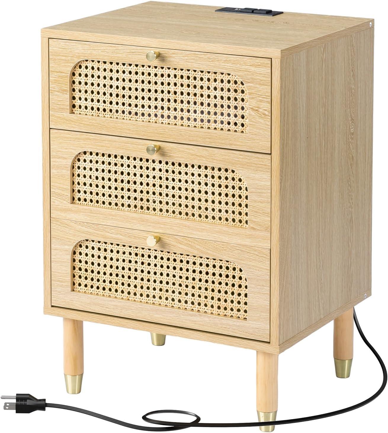 Rattan Nightstand with 3 Drawers Black