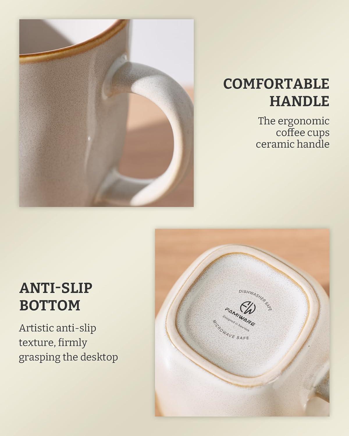 FAST APPLIANCES LLC Coffee Mugs Set Of 4, Ocean Square 13Oz Coffee Cup Set With Handle For Cocoa, Milk, Hot Chocolate, Tea, Water, Stoneware Cups For Kitchen, Microwave And Dishwasher Safe, Vanilla White