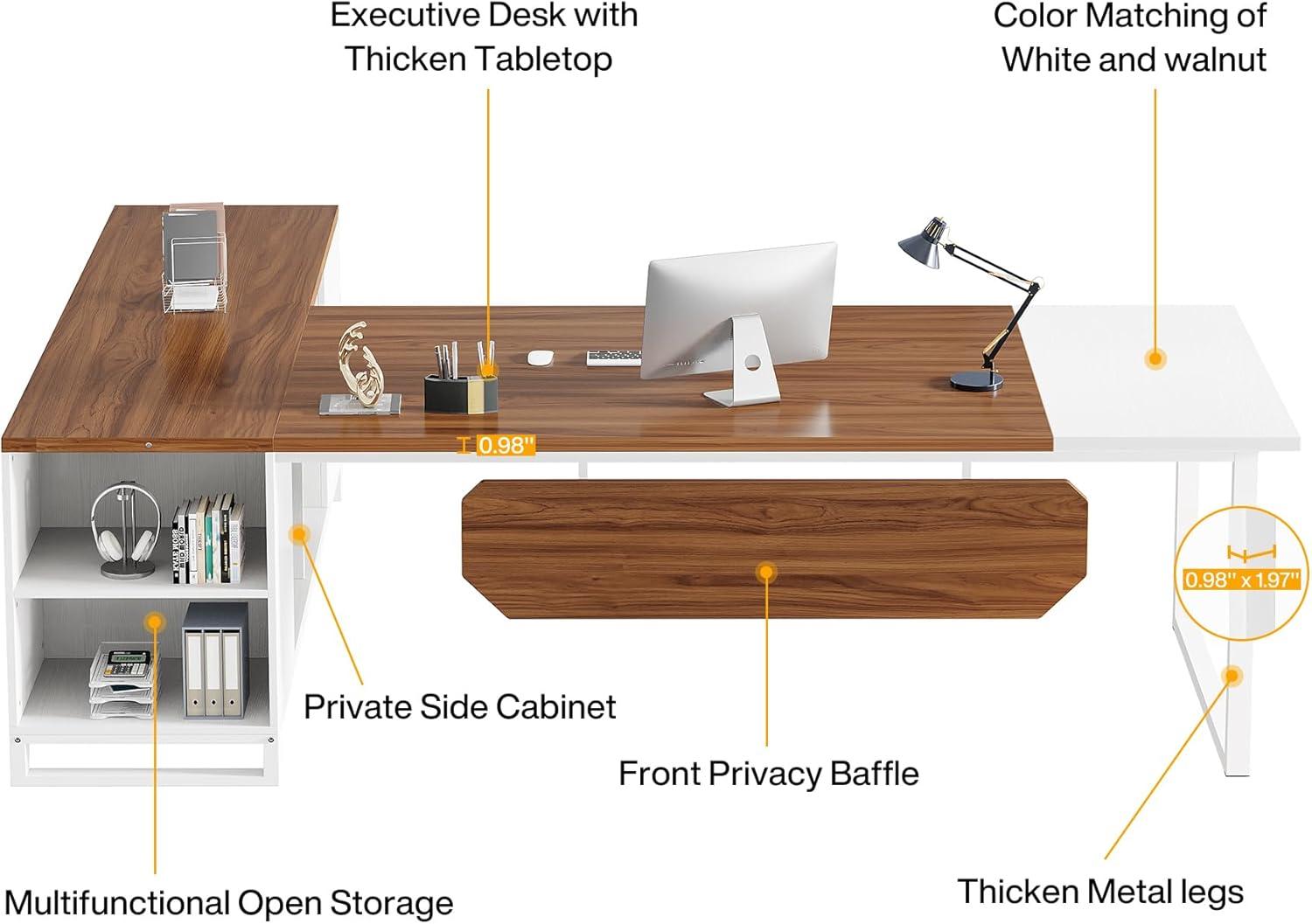 Tribesigns 70.8" L-Shaped Executive Desk with 55" File Cabinet, Large Home Office Computer Desk with Storage Shelves and Cabinet, Modern Business Furniture Set Home Office Workstation, Walnut White