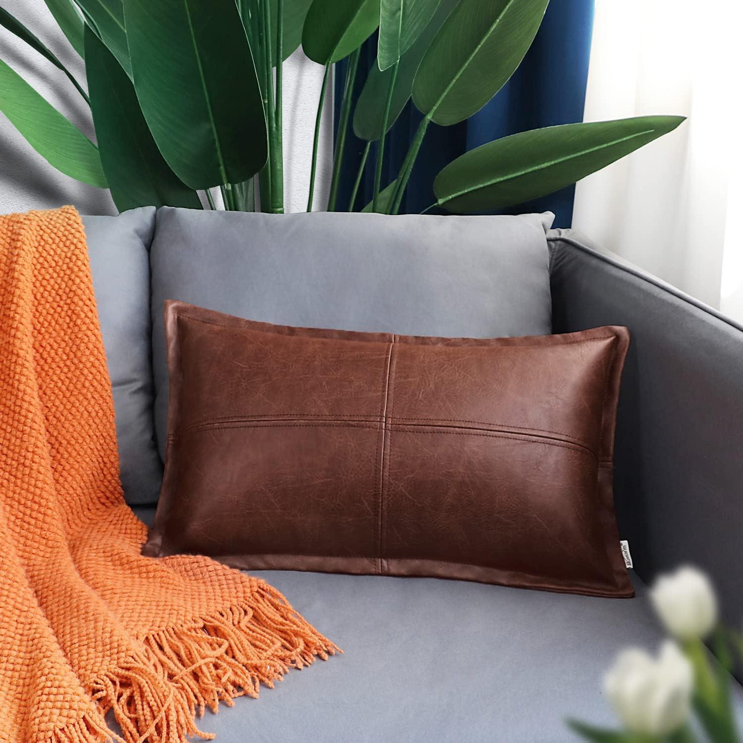 BRAWARM Dark Brown Leather Throw Pillow 12 X 20 Inches, Faux Leather Pillow Cover with Piping, Hand Stitched Leather Decorative Lumbar Throw Pillow Covers for Couch Sofa Bed Living Room Garden
