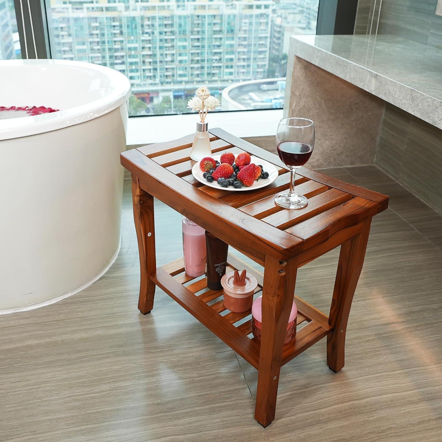 Teak Wood Shower Bench with Storage Shelf