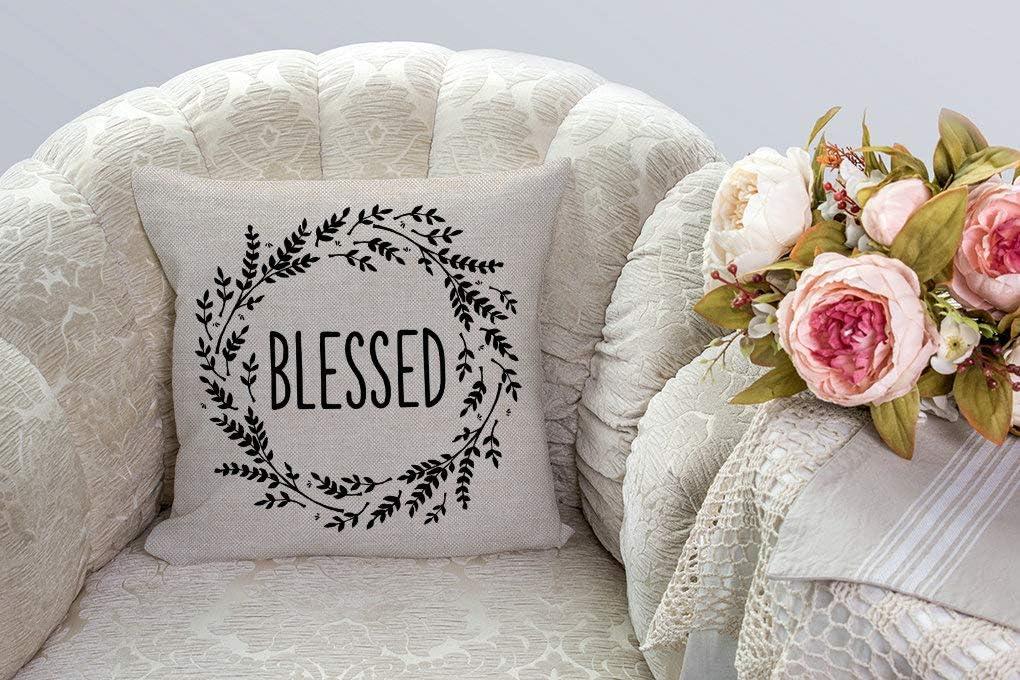 Blessed Beige and Black Cotton Linen Farmhouse Pillow 18x18 inches