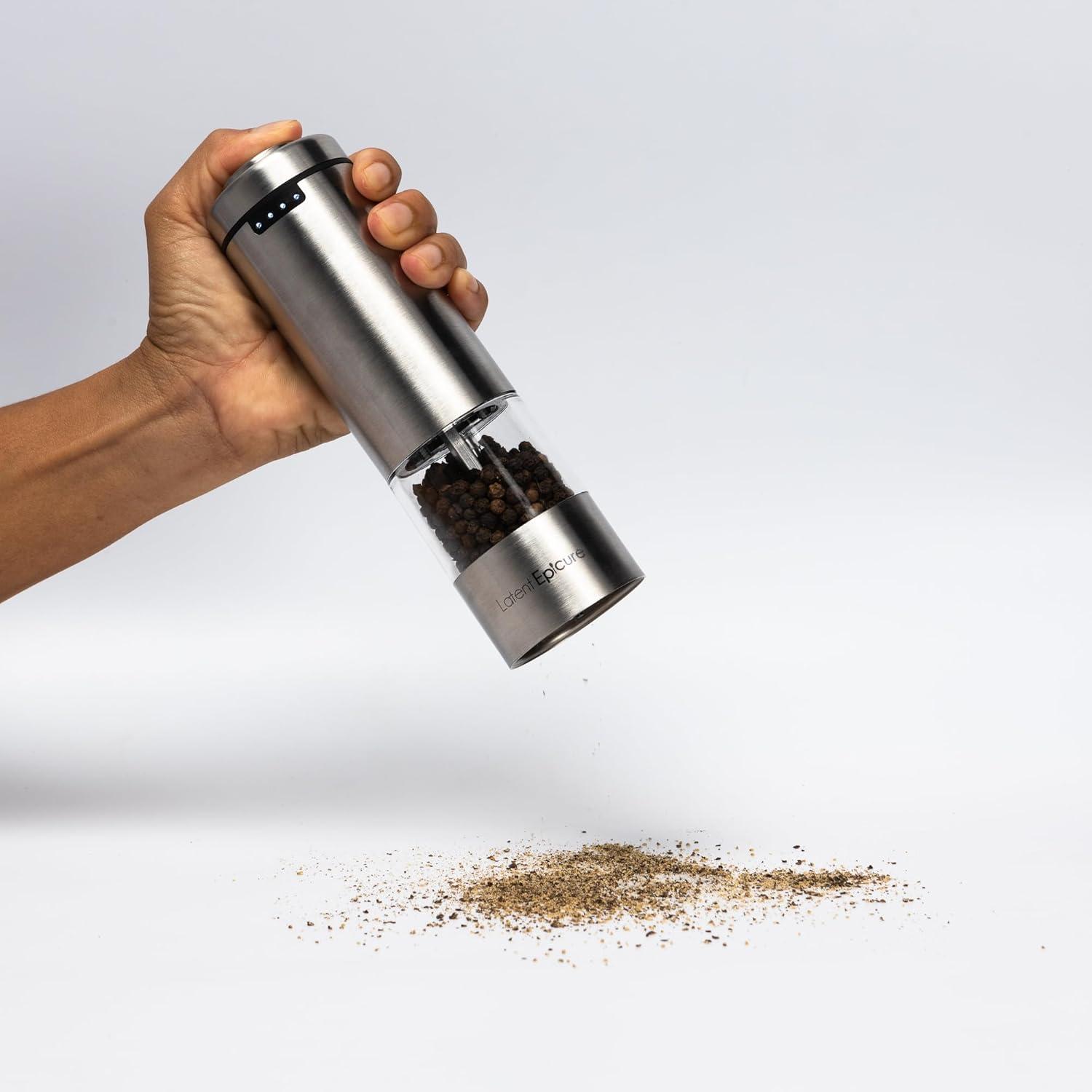 Electric Salt and Pepper Grinder Set - Battery Operated, Stainless Steel Shakers with Adjustable Fine & Coarseness, One Handed Operation, LED Light & Complimentary Mill Rest Tray