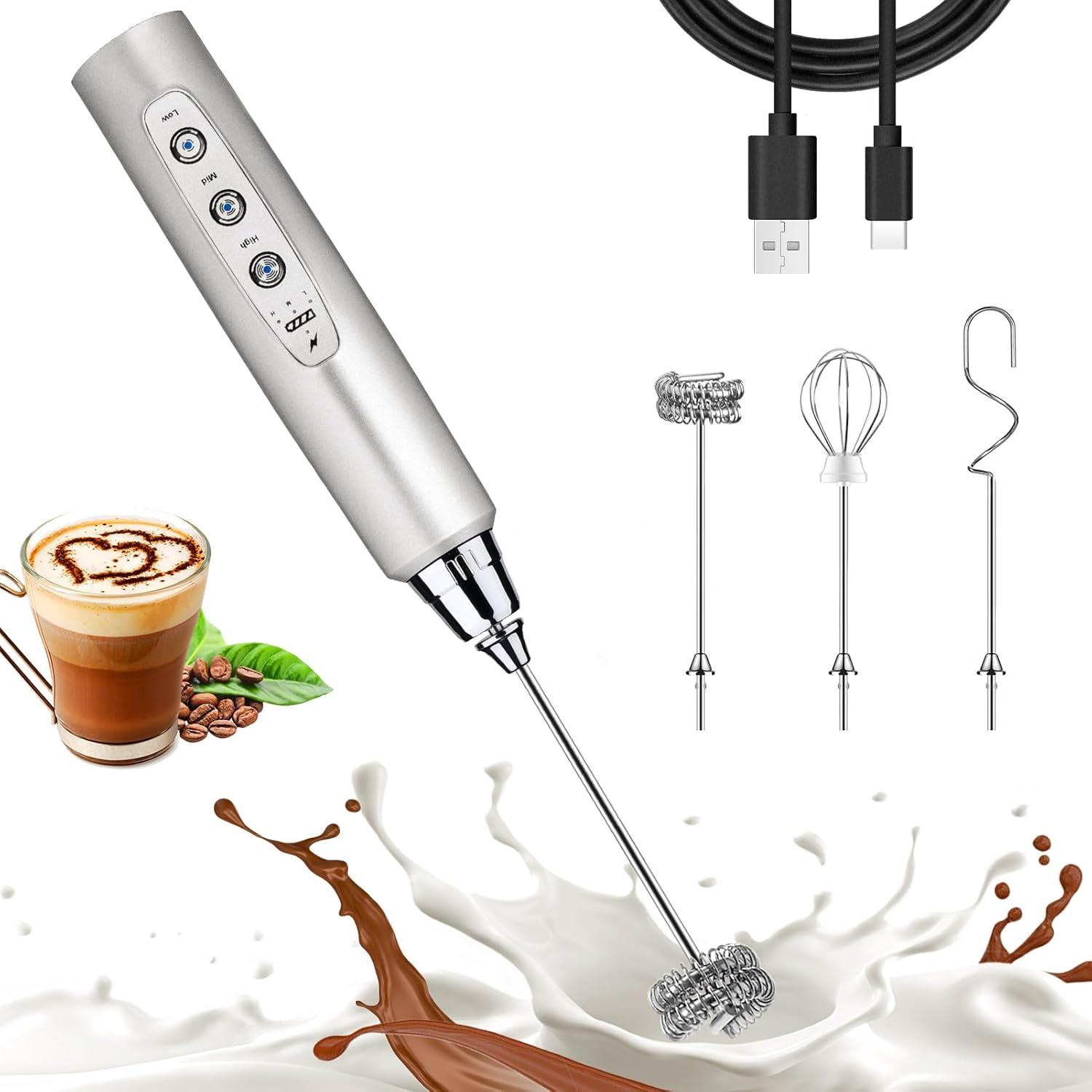 Silver Rechargeable Handheld Milk Frother with 3 Whisks