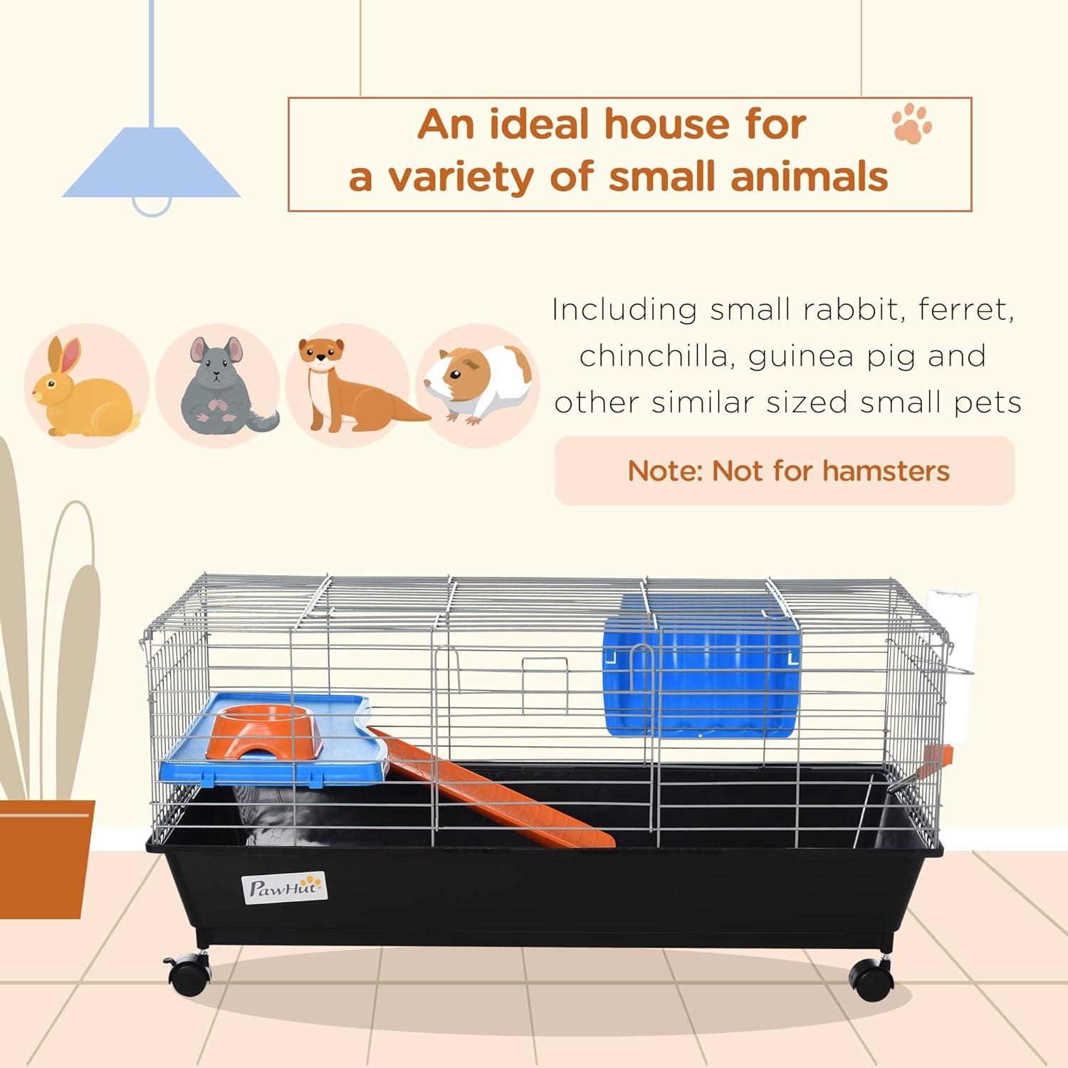 PawHut Small Animal Cage, Rolling Dwarf Bunny Cage, Guinea Pig Cage with Food Dish, Water Bottle, Hay Feeder, Platform, Ramp for Chinchilla