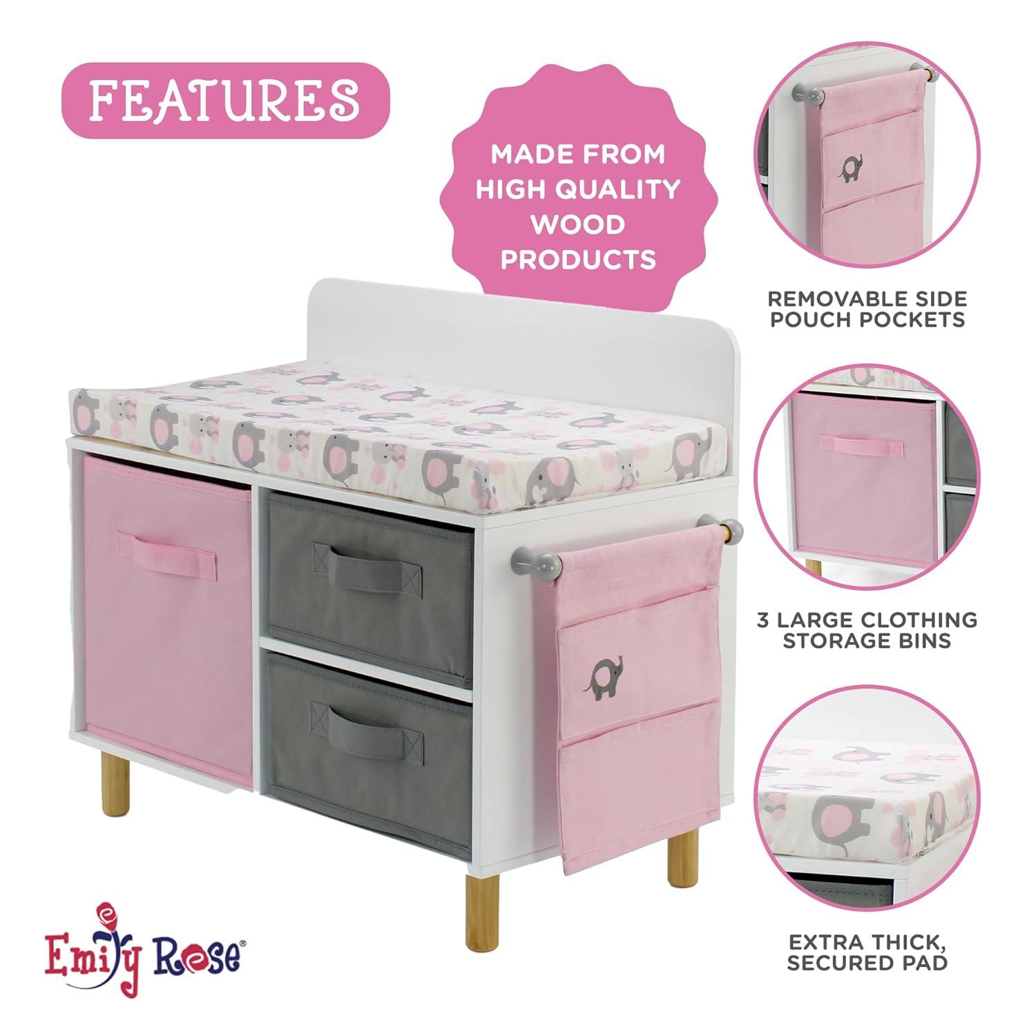 Emily Rose - Toy Baby Doll Crib Set for Little Girls, Changing Table Furniture with Clothes and Accessories Storage and Pockets, for 3+ Year Old Girls, Baby Doll Set and Accessories - White/Pink/Gray