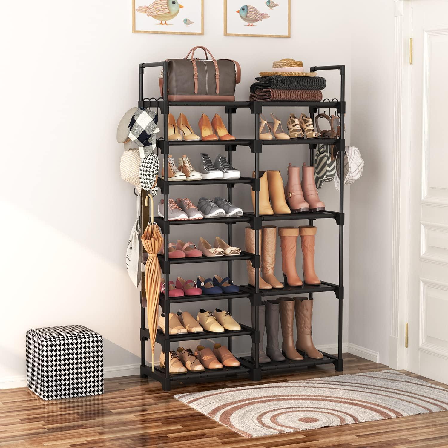 Black 8-Tier Metal Shoe Rack with Hooks