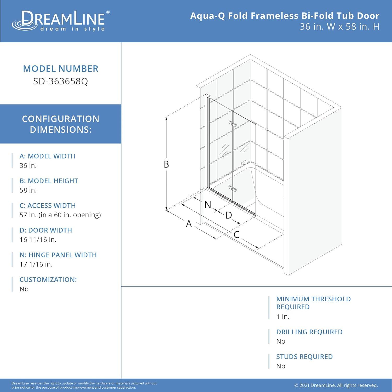 Aqua-Q Fold 36 W X 58 H Frameless Tub Door