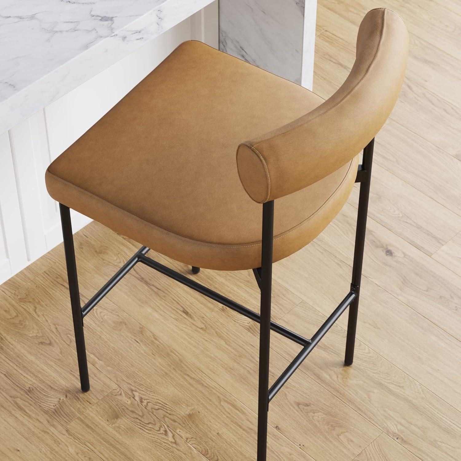 Dahlia Light Brown Leather Counter Height Barstool with Matte Black Metal Legs