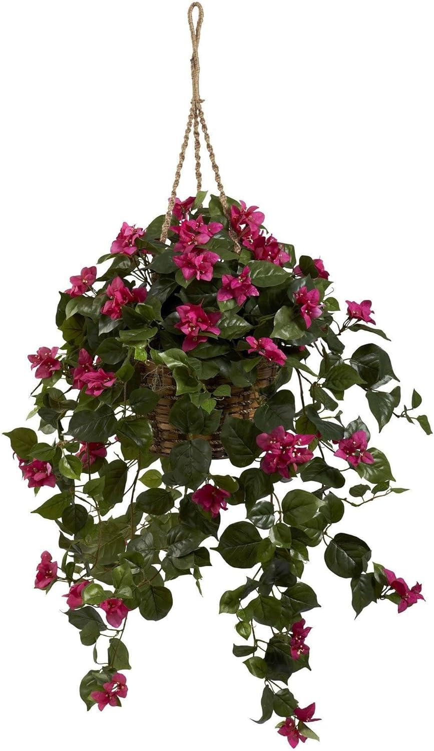 Nearly Natural Bougainvillea Silk Hanging Basket: Indoor Faux Floral Decor, Wicker Basket