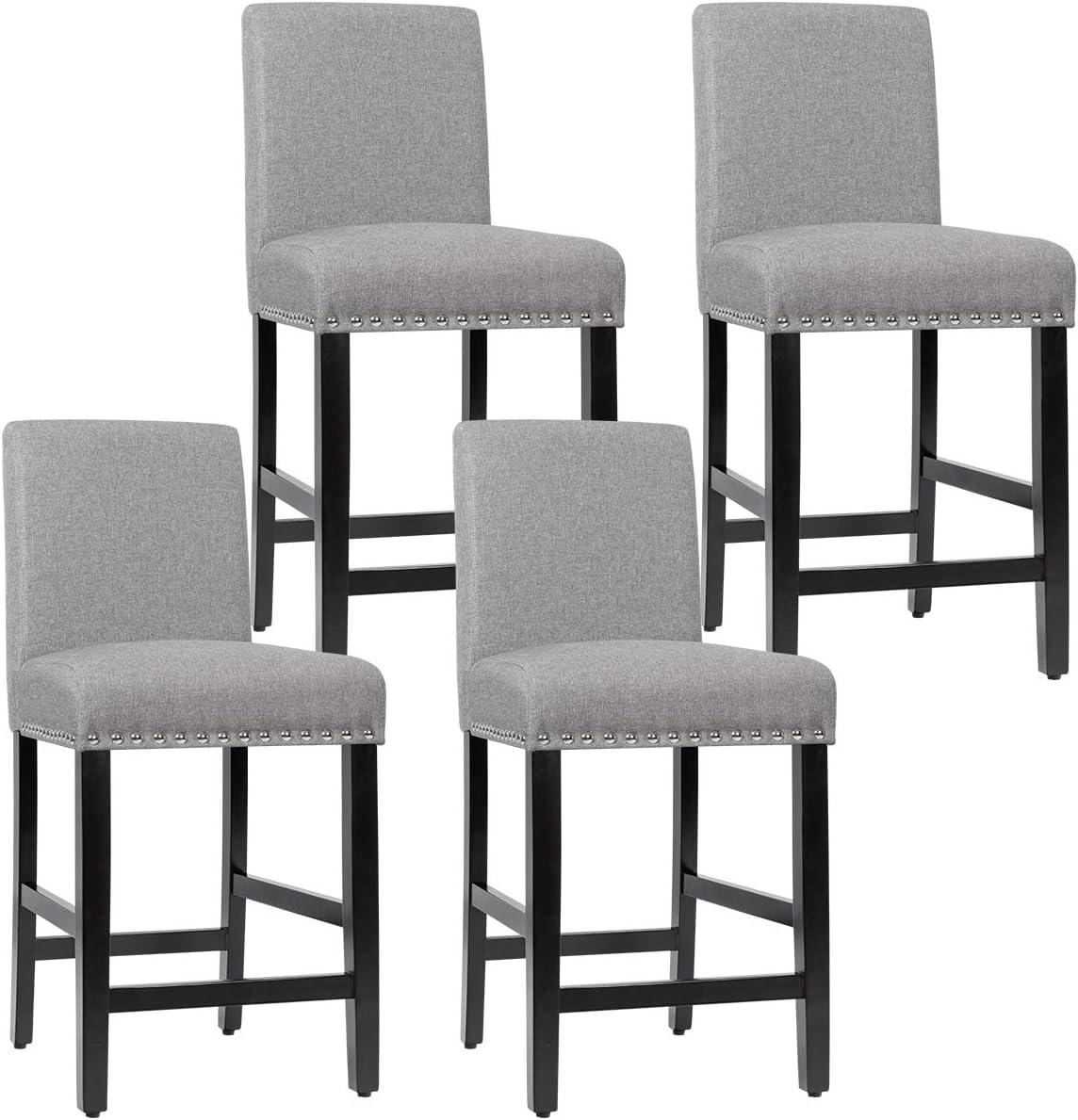 Set of 4 Gray Upholstered Counter Stools with Wood Legs