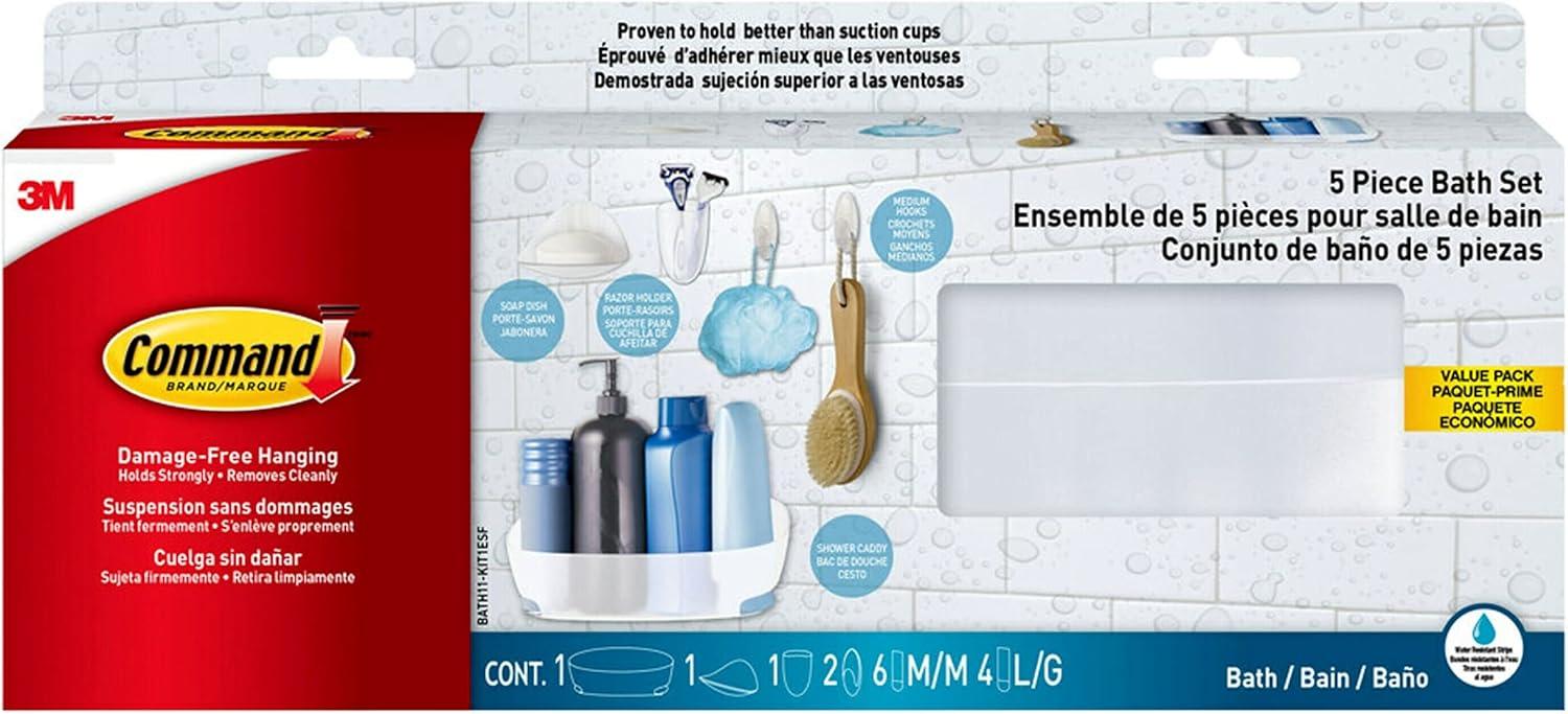 Command 5 Piece Bath Set, 1 Caddy, 1 Soap Dish, 1 Razor Holder, 2 Medium Hooks