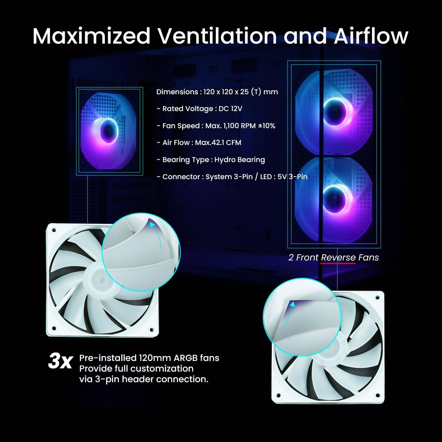 White Micro-ATX Gaming PC Case with ARGB Fans and Glass Panels