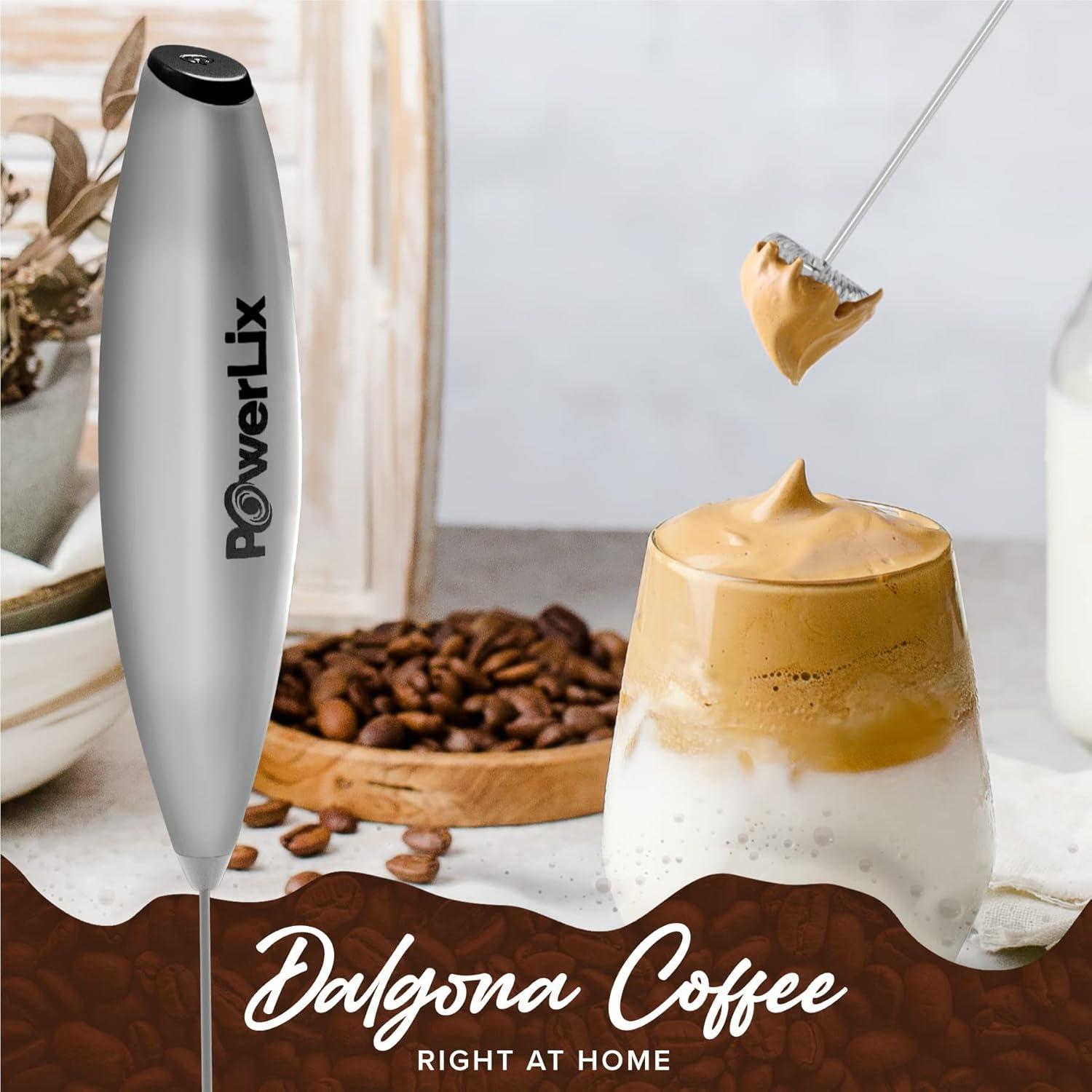 PowerLix Milk Frother Handheld Battery Operated Electric Whisk Foam Maker For Coffee With Stainless Steel Stand Included - Titanium Silver