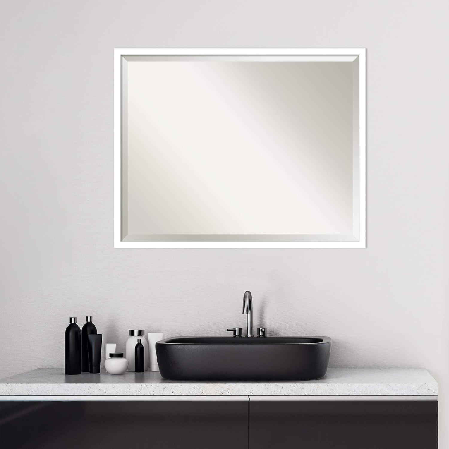 Amanti Art Beveled Wood Bathroom Wall Mirror - Svelte Frame Svelte White Outer Size: 29 x 23 in White