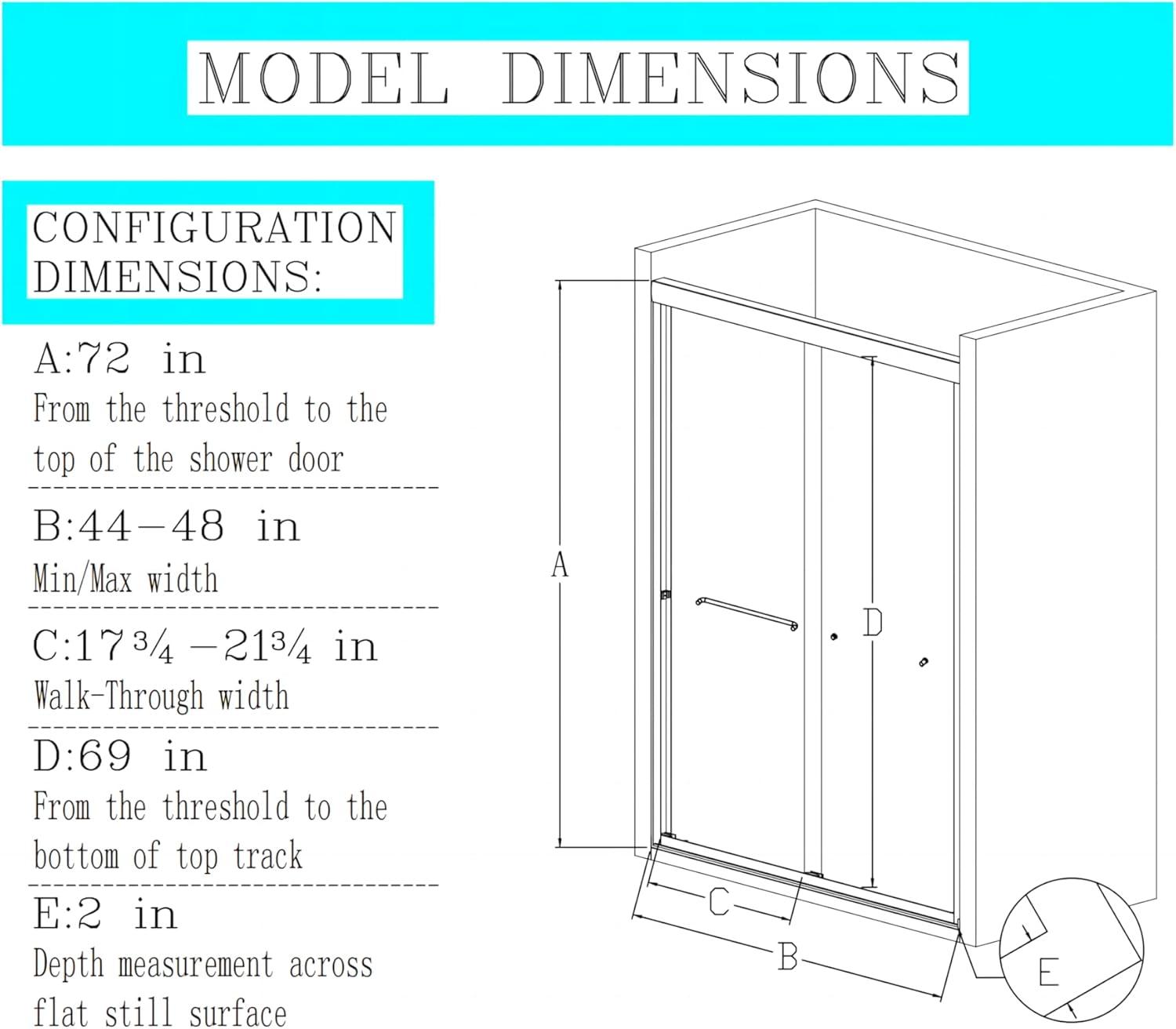 44-48"W x 72" H Double Sliding Shower Door with 6mm Tempered Glass