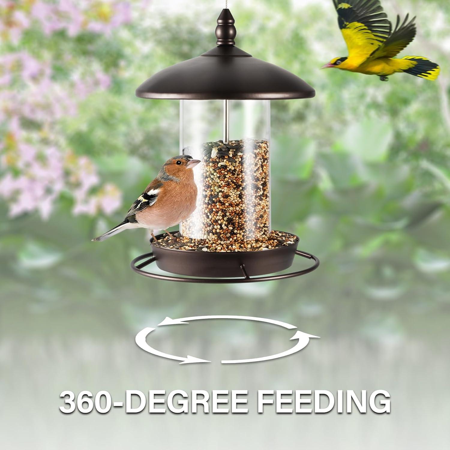 Metal Bird Feeder for Outside Hanging,Wild Bird Feeders for Cardinal, Large Roof and Tray - 6 Port