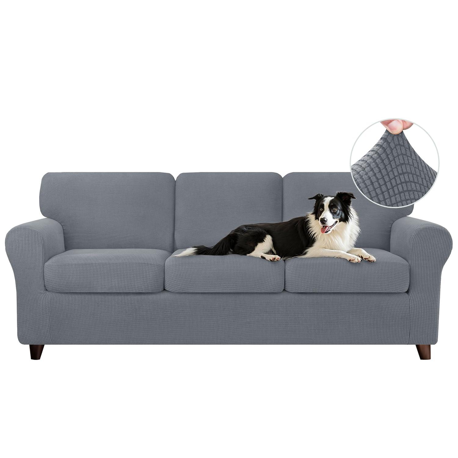 CHUN YI 7 Piece Couch Covers for 3 Cushion Couch Sofa Pet Friendly, 3 Seater Stretch Sofa Slipcover with Seperate Backrest and Cushion Covers, Furniture Protector for Dogs (Large, Light Grey)