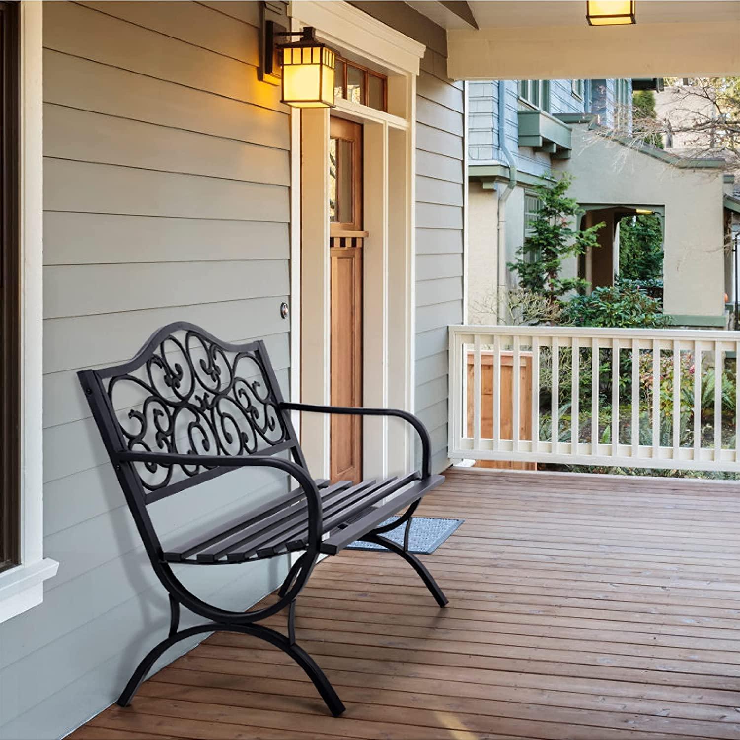 QSHIMY Patio Garden Bench 50 inch Outdoor Metal Loveseat Chairs with Armrests Slatted,Easy to Assemble,Sturdiness,Perfect for Outdoors,Black