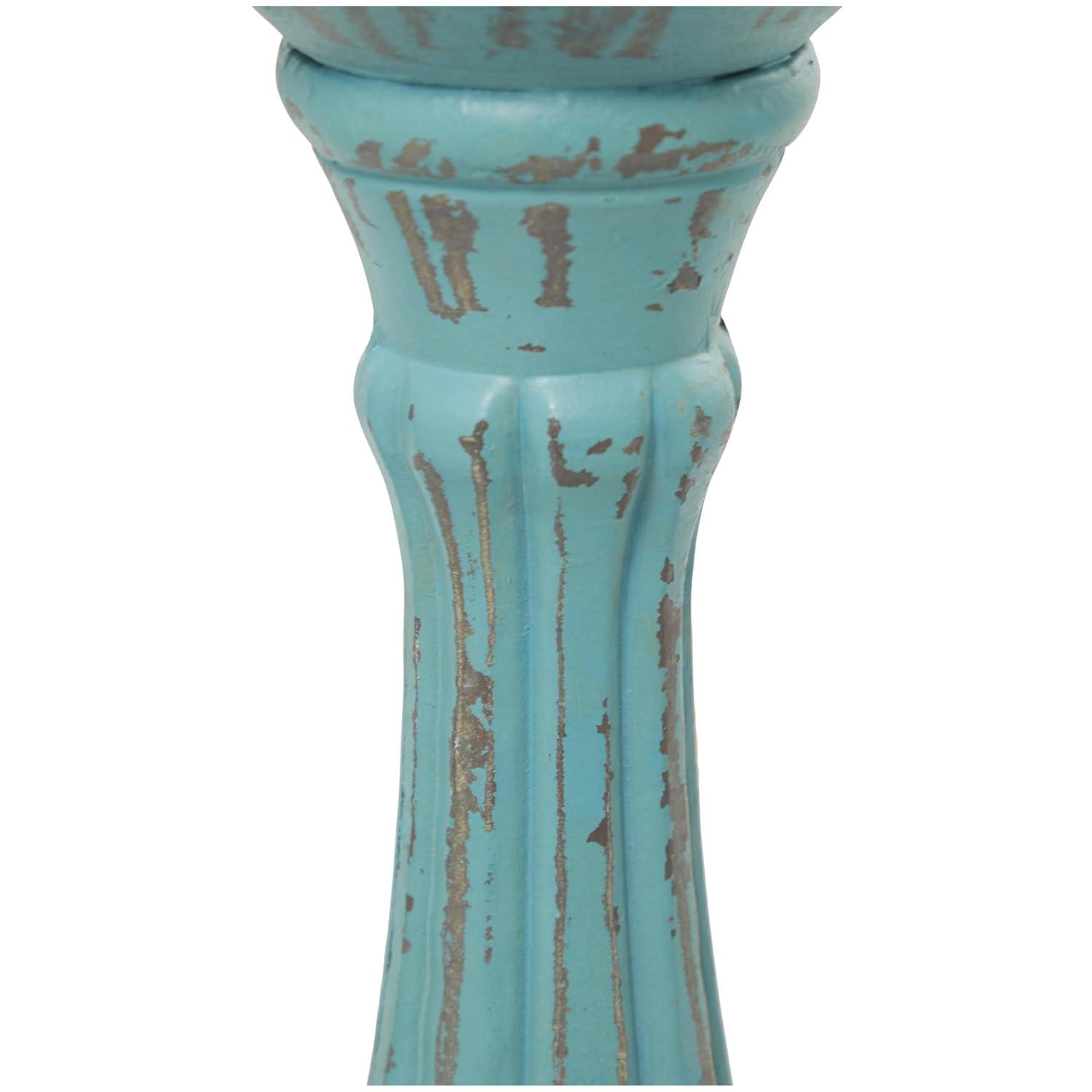 DecMode 3 Candle Blue Wooden Distressed Turned Pillar Candle Holder, Set of 3