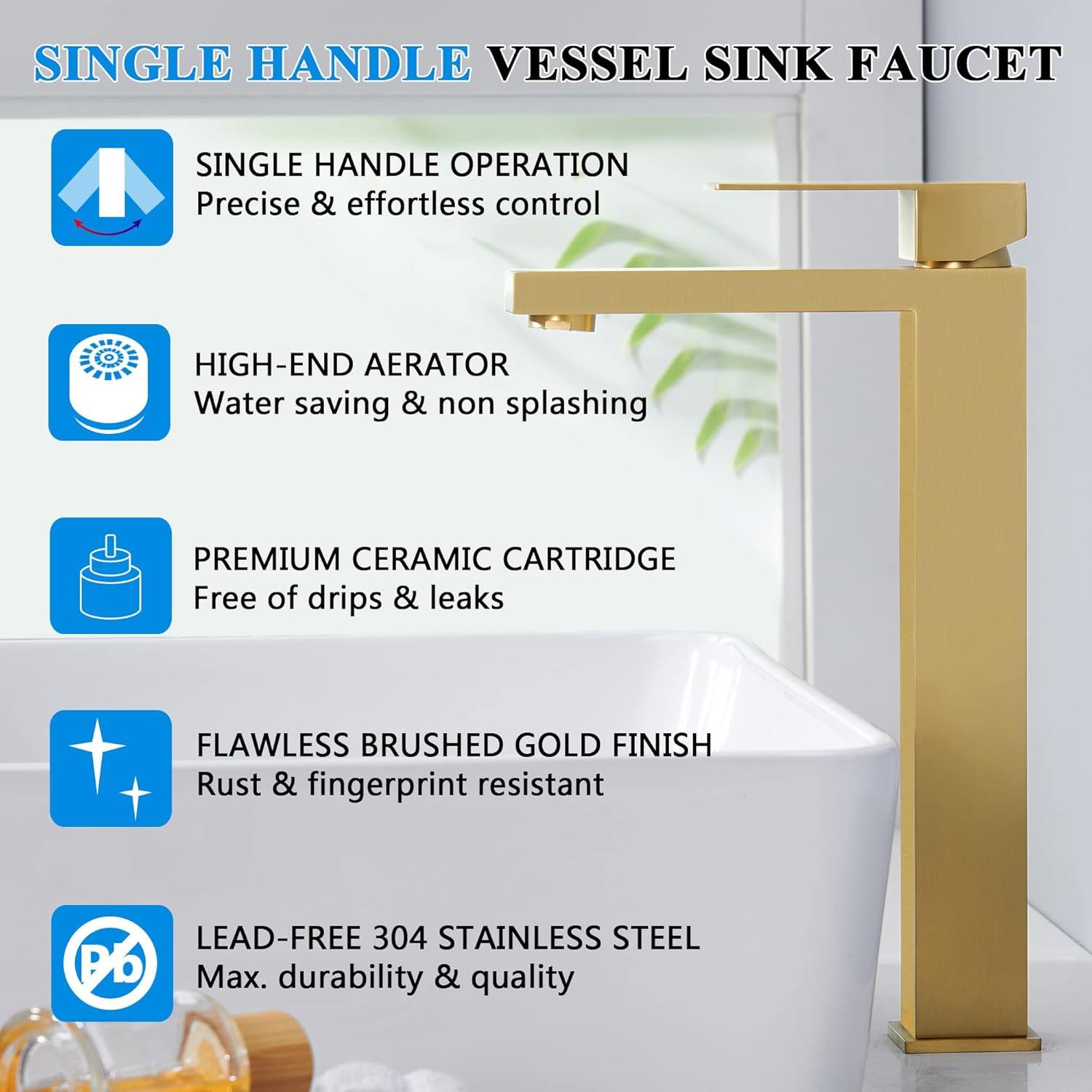 Gold Vessel Sink Faucet, Brushed Gold Tall Single Handle Bathroom Vessel Sink Faucet 1 Hole, Modern Stainless Steel Restroom Vanity Faucet with Metal Pop Up Drain and Water Supply Hose
