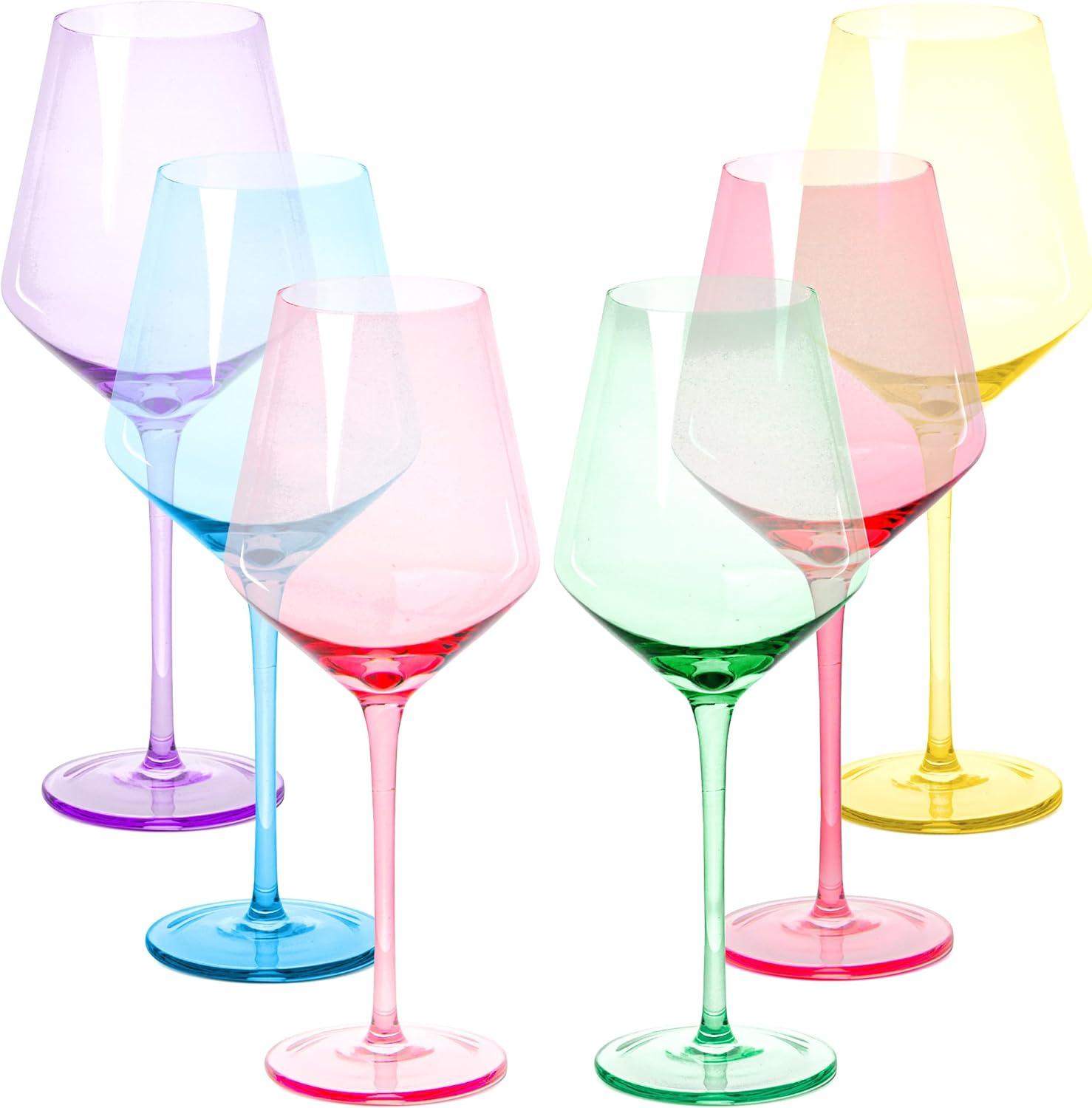 Bella Vino Set of 6 Multi Colored Crystal Wine Glasses - 18oz.