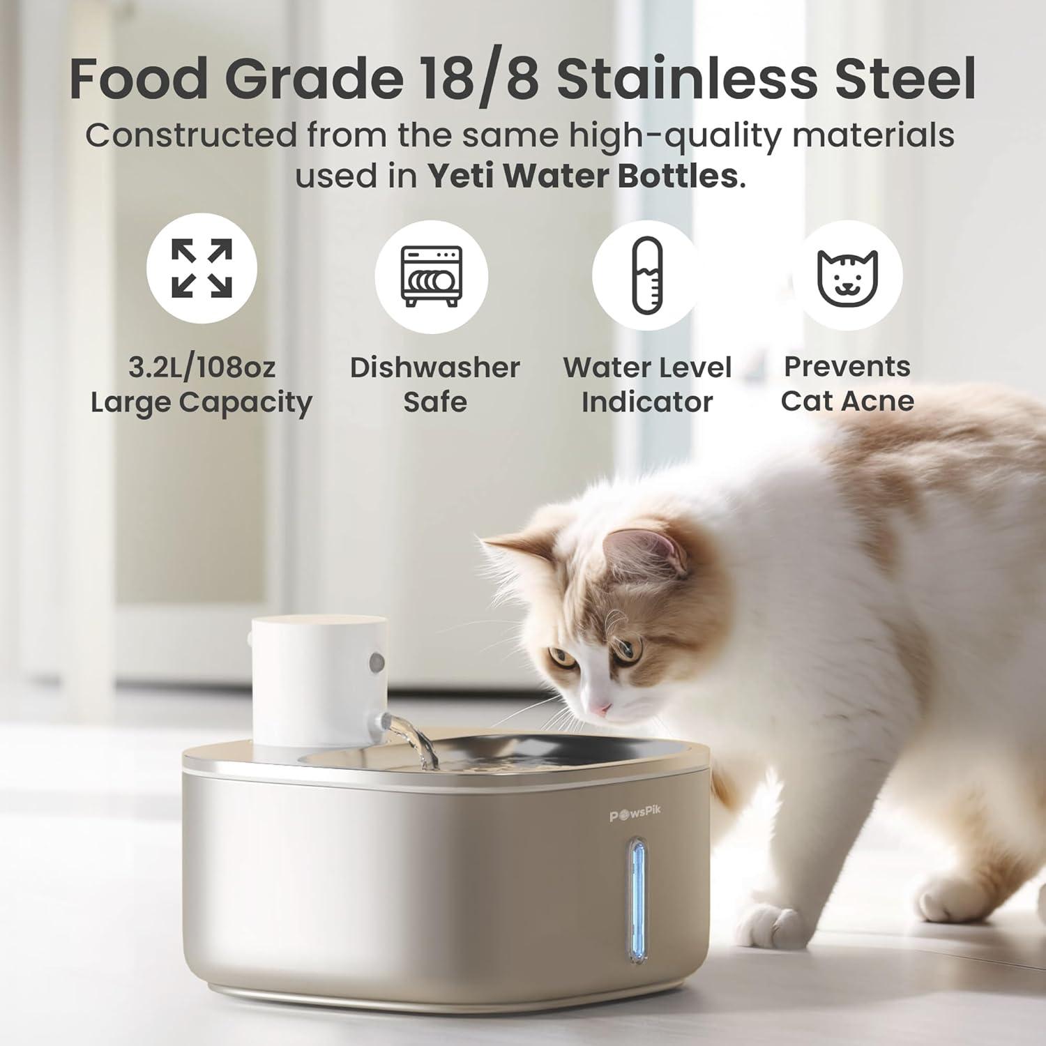 Pawspik Stainless Steel Cat Water Fountain,108 oz/3.2 L Cat Water Dispenser, Battery Operated Dog Fountain,Water Bowl, Automatic Pet Fountain with Motion Sensor, 5000 mAh Battery C9