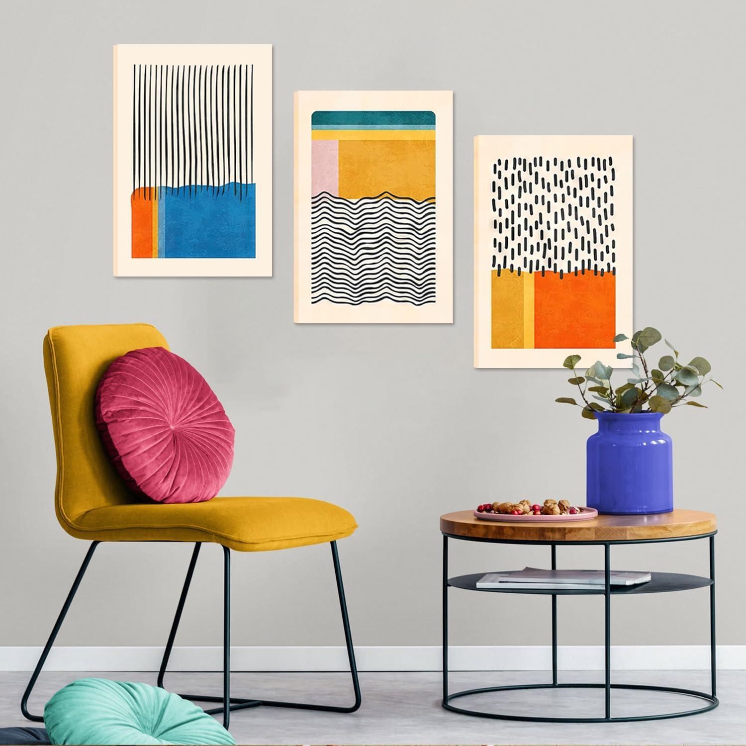 Midcentury Modern Framed Wall Art for Living Room Set of 3 Mid Century Modern Abstract Canvas Painting Print Boho Color Blocks Home Decor Colorful Minimalist Pictures for Bedroom 12"x16"x3