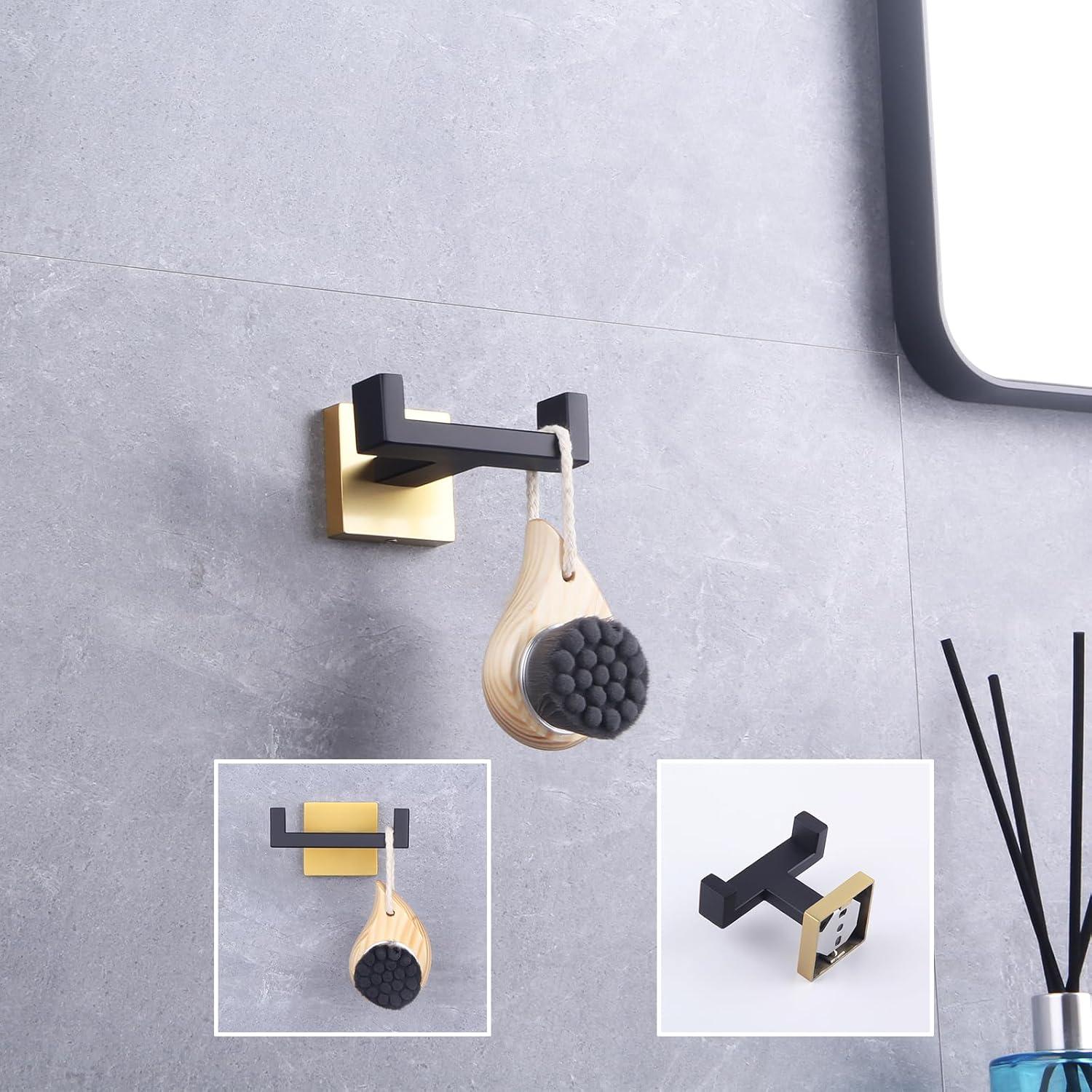 Bathroom Wall Mounted Dual Towel Hook in Black and Gold