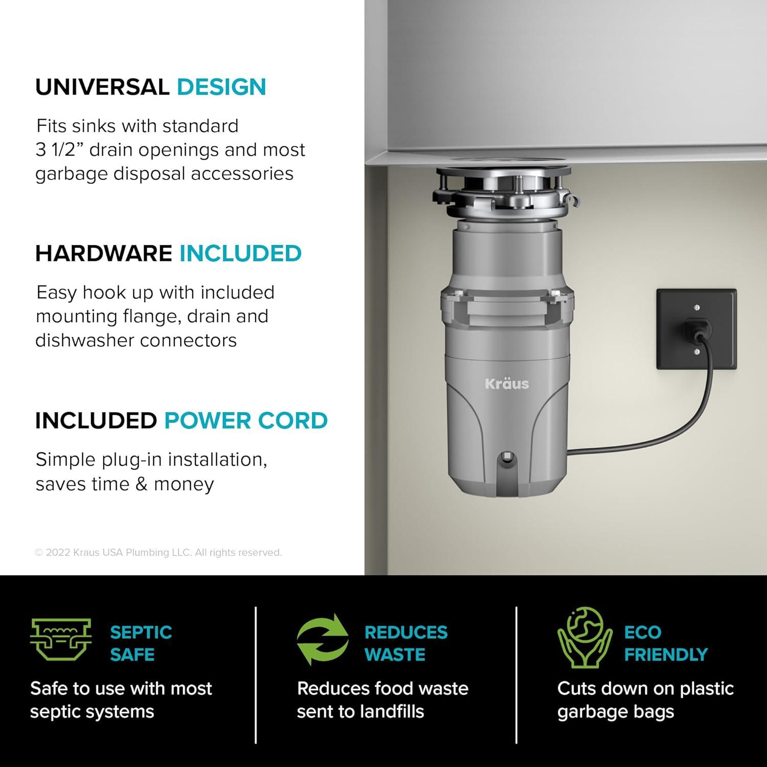 Kraus KRAUS WasteGuard Continuous Feed Motor Garbage Disposal with Power Cord and Universal Mount