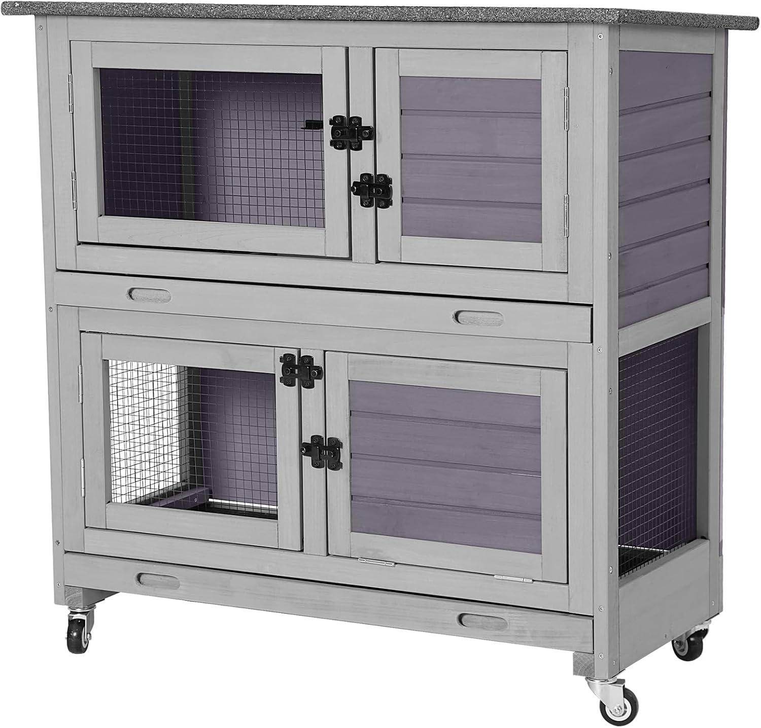 Gray and Purple Wooden Two-Story Bunny Hutch with Wheels