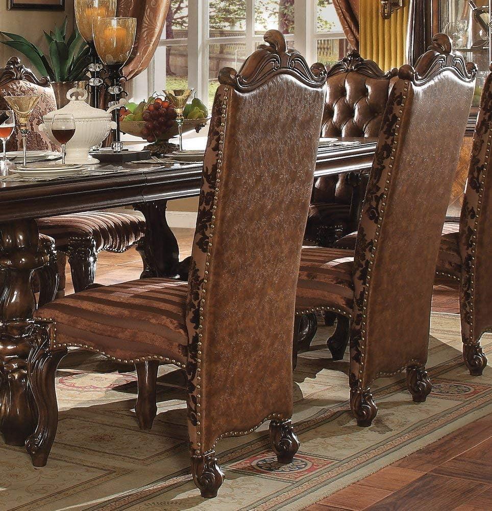 22" Versailles Dining Chair Two Tone Light Brown Synthetic Leather /Fabric and Cherry Oak Finish - Acme Furniture: Elegant Traditional Design