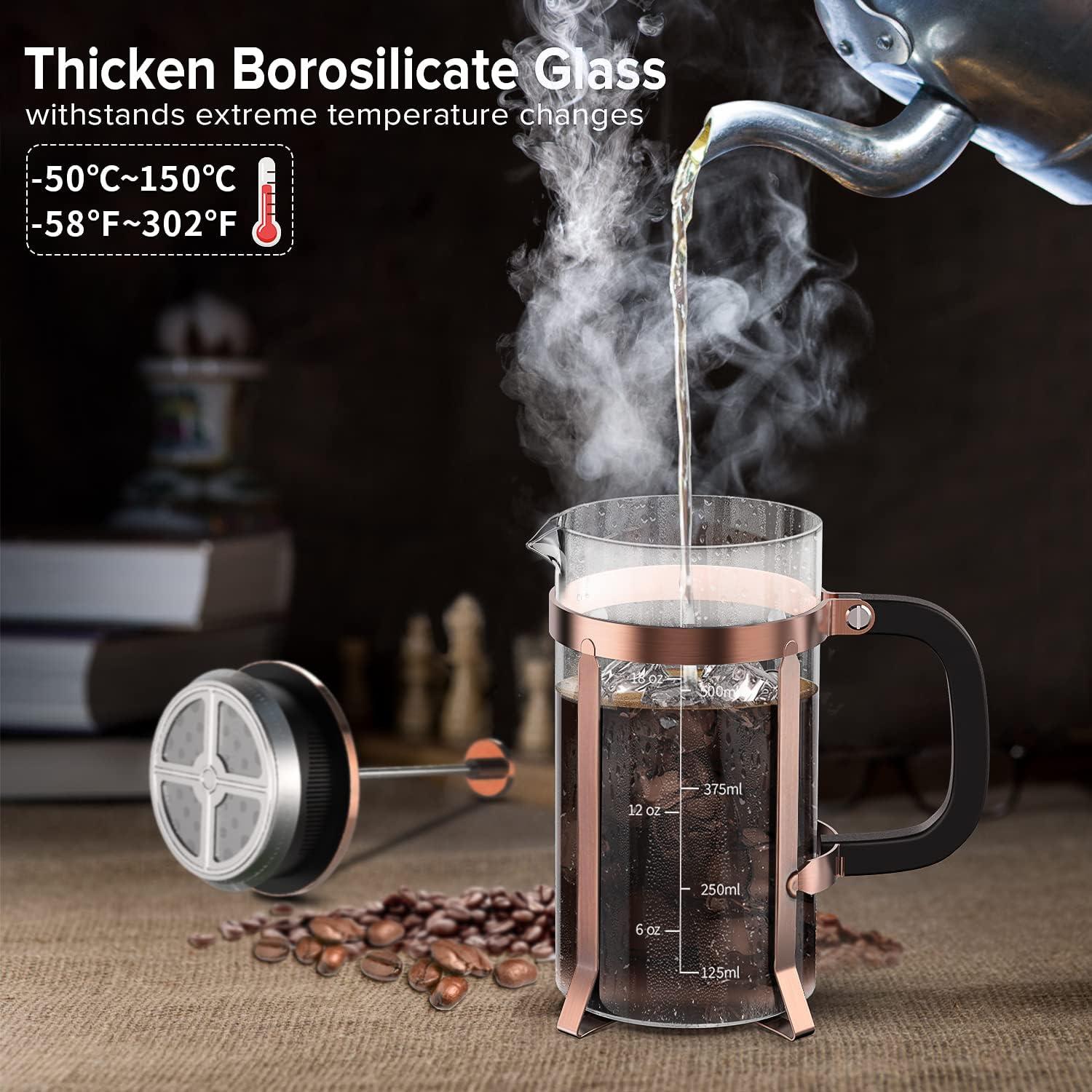 French Press Coffee Maker (21oz 600ML 3-4Cup) Coffee Press, with 4 Filters System, Heat Resistant Thickness Borosilicate Glass, Cold Brew Coffee Tea Pot Gifts (Copper)