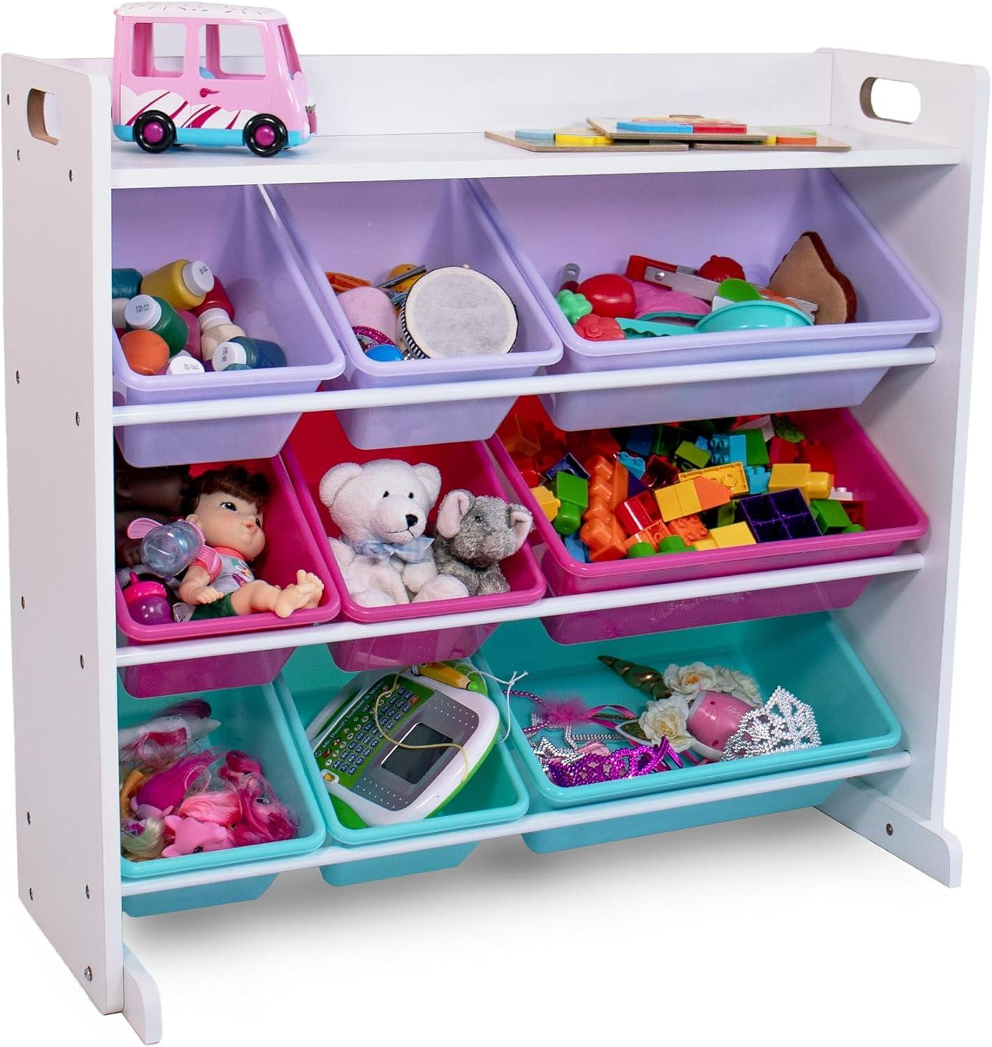 Humble Crew Forever Toy Storage Organizer with Shelf and 9 Plastic Storage Bins, White/Pink/Purple/Turquoise