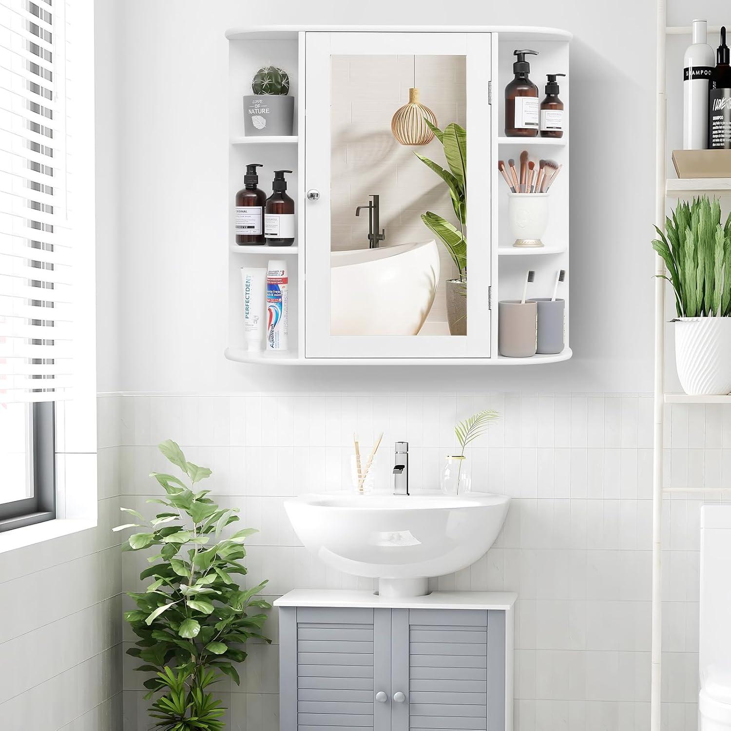 White Wall Mounted Bathroom Cabinet with Mirror and Shelves