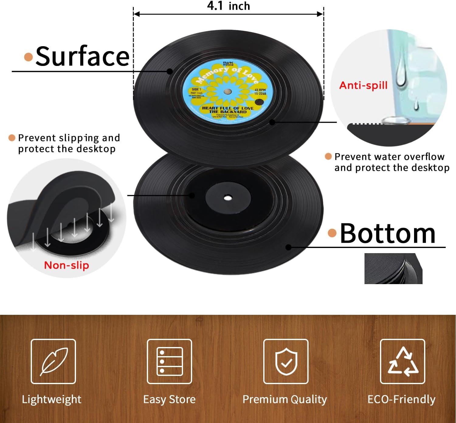 Funny Retro Record Coasters for Drinks with Vinyl Player Holder for Music Lovers,Set of 6 Conversation Piece Sayings Drink Coaster,Housewarming Hostess Wedding Registry Gift Ideas