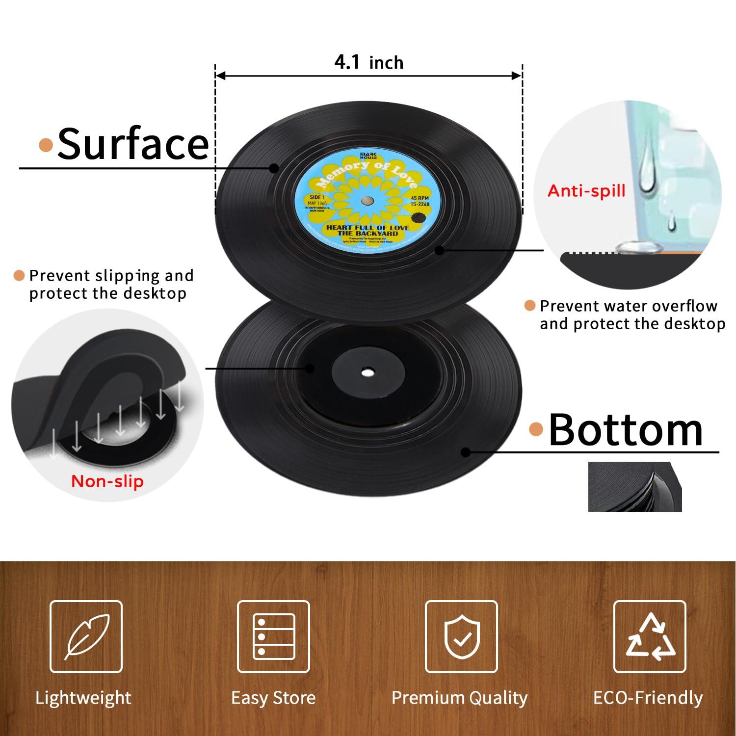 Funny Retro Record Coasters for Drinks with Vinyl Player Holder for Music Lovers,Set of 6 Conversation Piece Sayings Drink Coaster,Housewarming Hostess Wedding Registry Gift Ideas