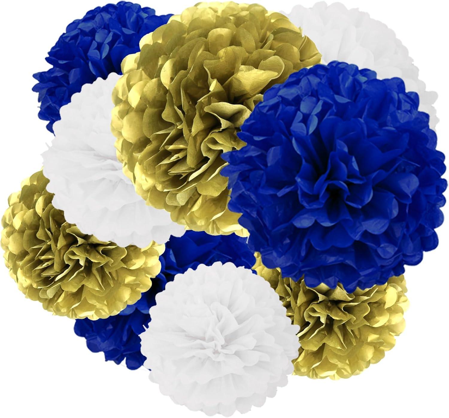 AIM & GGKK Paper Pom Poms Gold Gradient Navy Blue and White Tissue Hanging Paper Pom Poms,Flower Ball Wedding Birthday Party Decoration(12pcs)