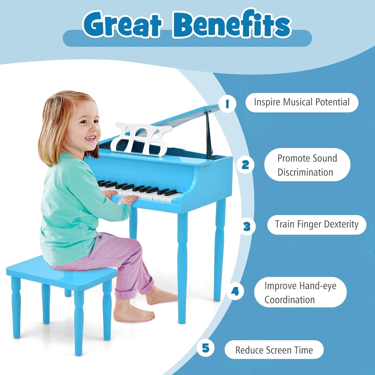 Costway 30-Key Classic Baby Grand Piano Toddler Toy Wood with Bench & Music Rack Blue