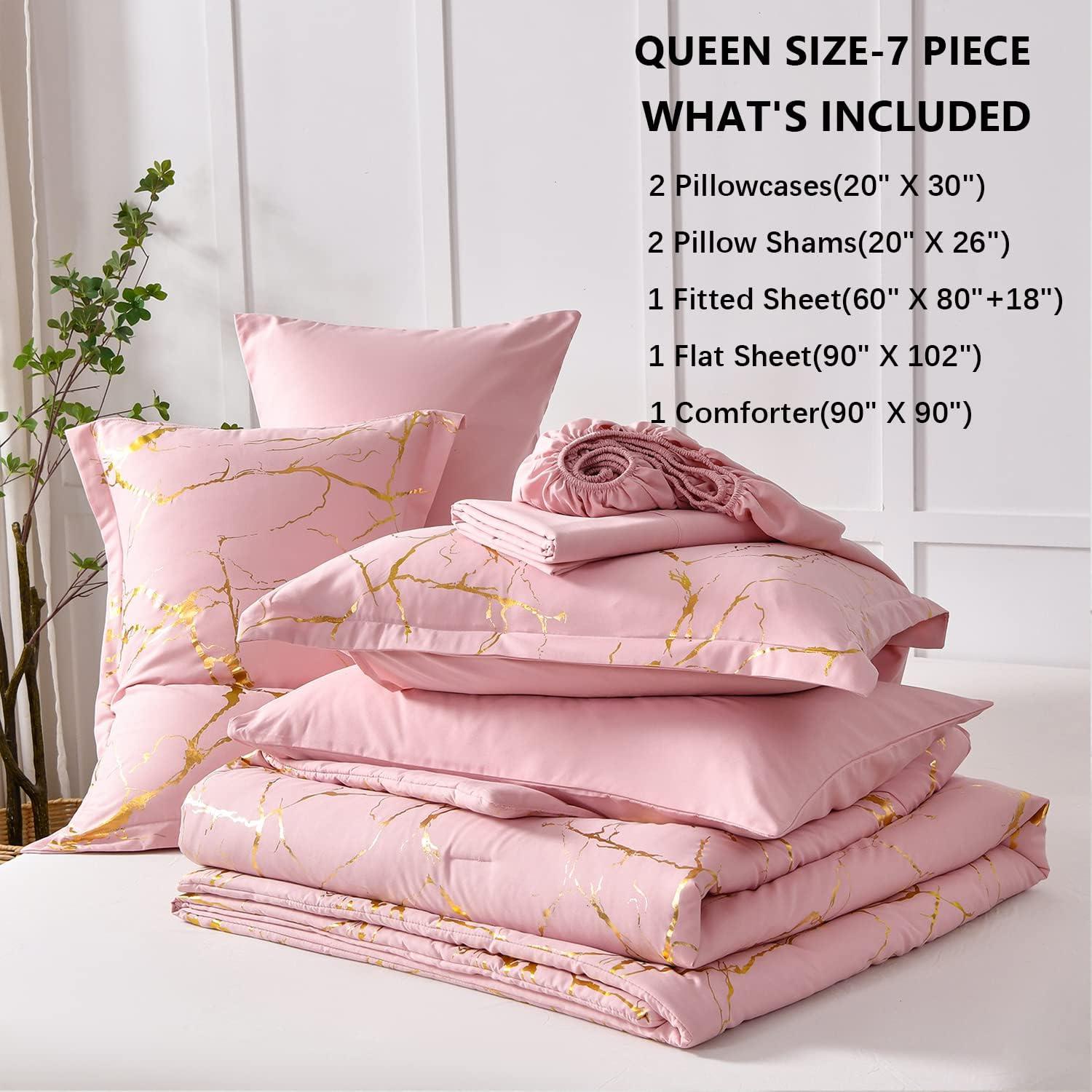 Yogeneg Gold Metallic Marble Comforter Set Queen Size,7 Piece Bed in a Bag,Foil Print Glitter Pink Comforter and Sheet Set,All Season Soft Microfiber Complete Bedding Sets(Pink,Queen)