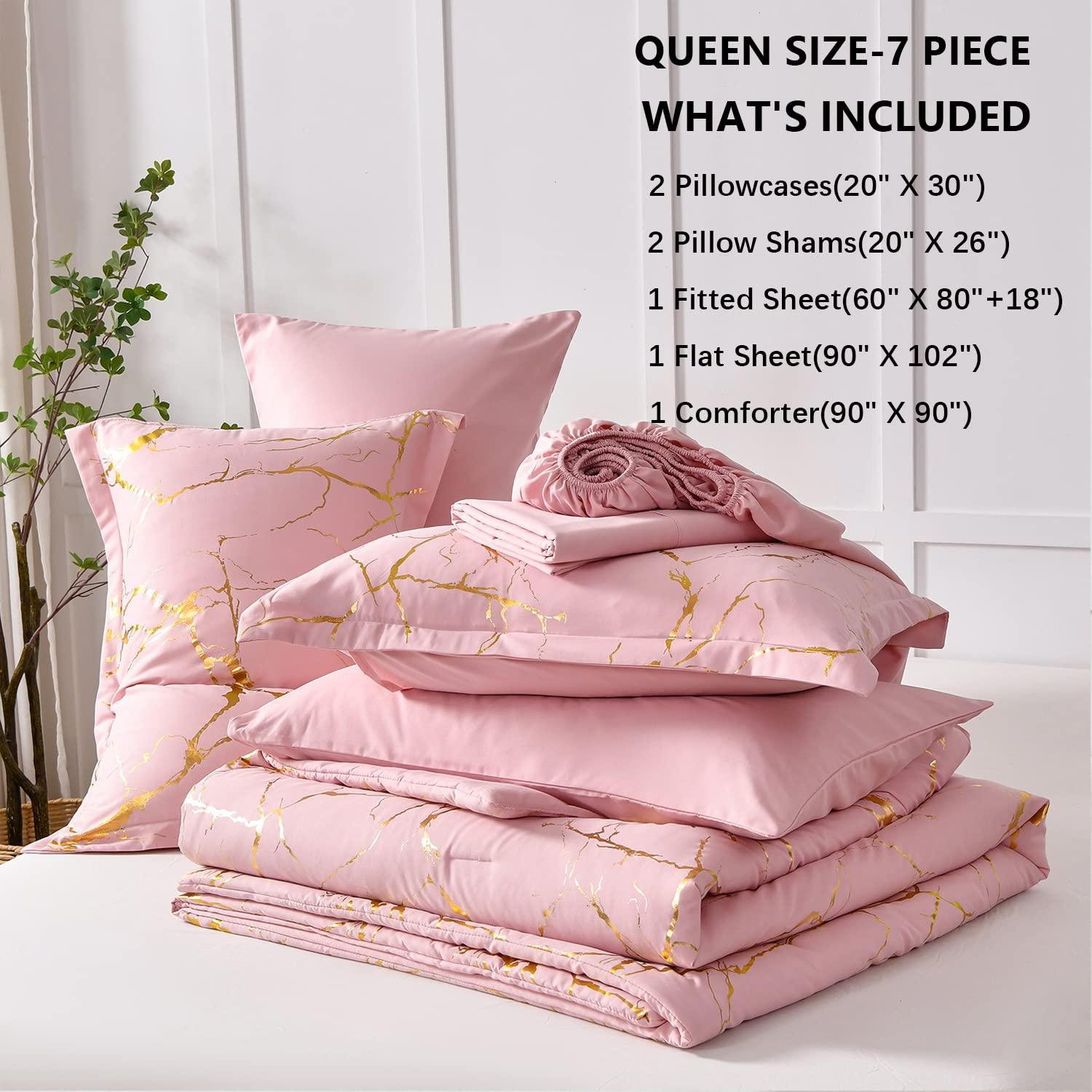 Yogeneg Gold Metallic Marble Comforter Set Queen Size,7 Piece Bed in a Bag,Foil Print Glitter Pink Comforter and Sheet Set,All Season Soft Microfiber Complete Bedding Sets(Pink,Queen)