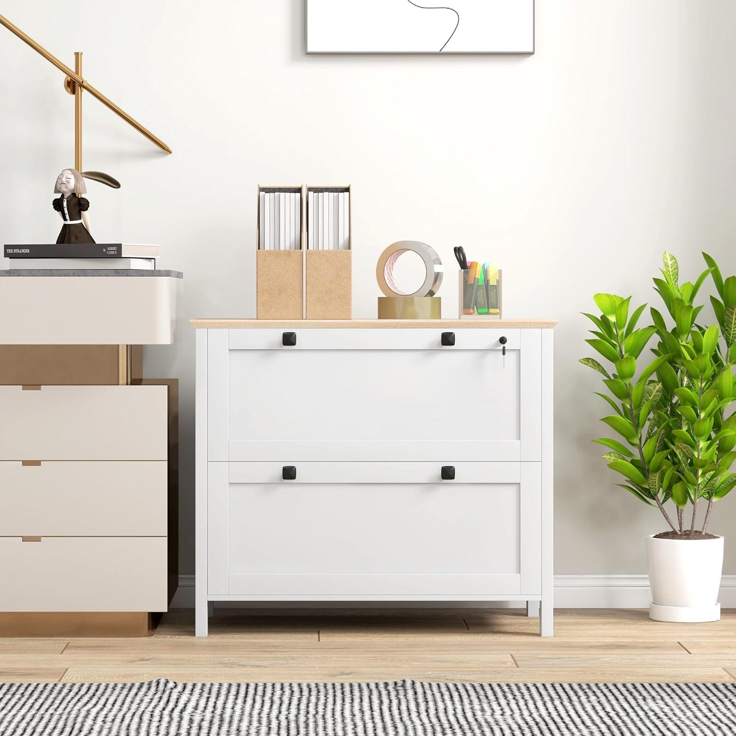 HOMCOM 2 Drawer File Cabinet with Lock, Lateral Filing Cabinet with Keys, Sleek Lines Drawers and Adjustable Hanging Bar for Letter, A4 and Legal Size, White