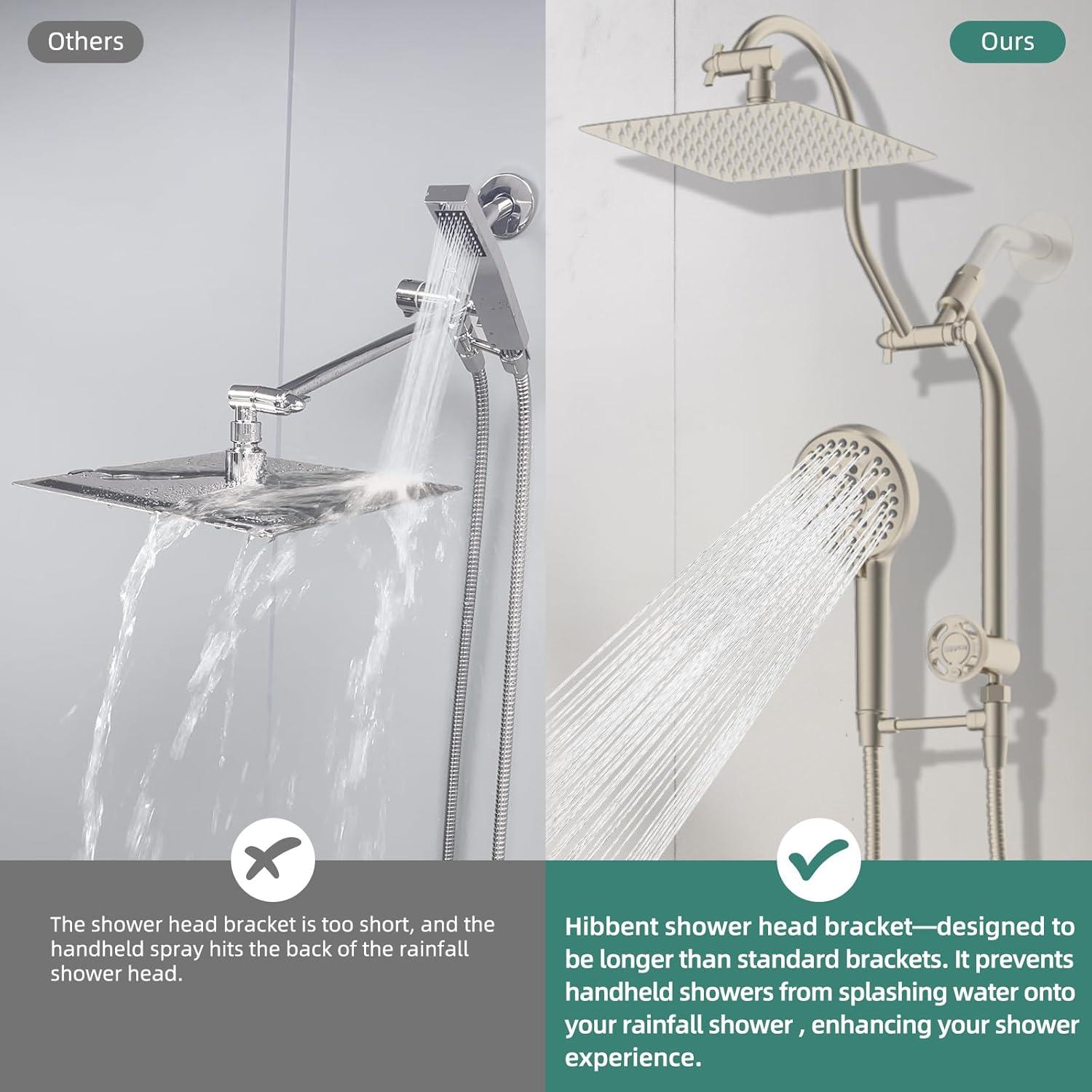 10'' High Pressure Rainfall Shower Head/Handheld Showerhead Combo with 12'' Adjustable Curved