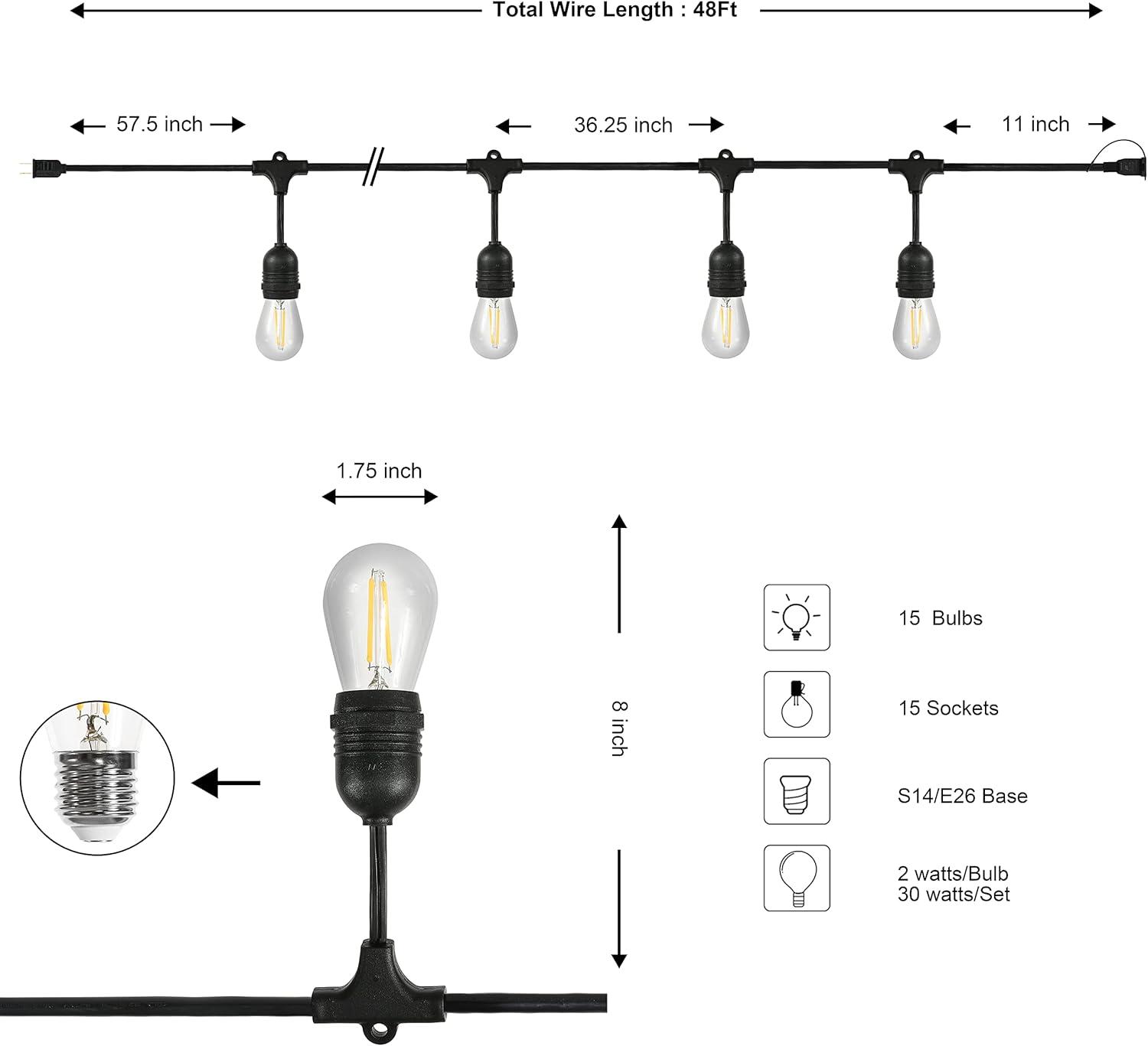 48FT Black Outdoor Commercial Globe String Lights with Warm White Bulbs