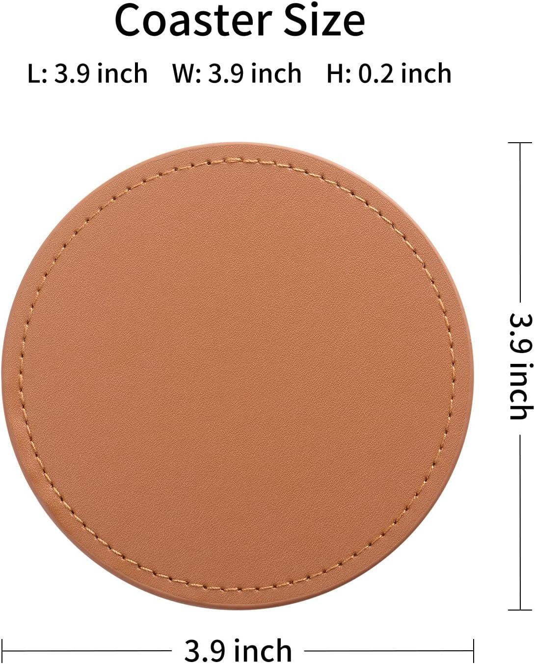 Brown Faux Leather Coaster Set with Gold Metal Holder