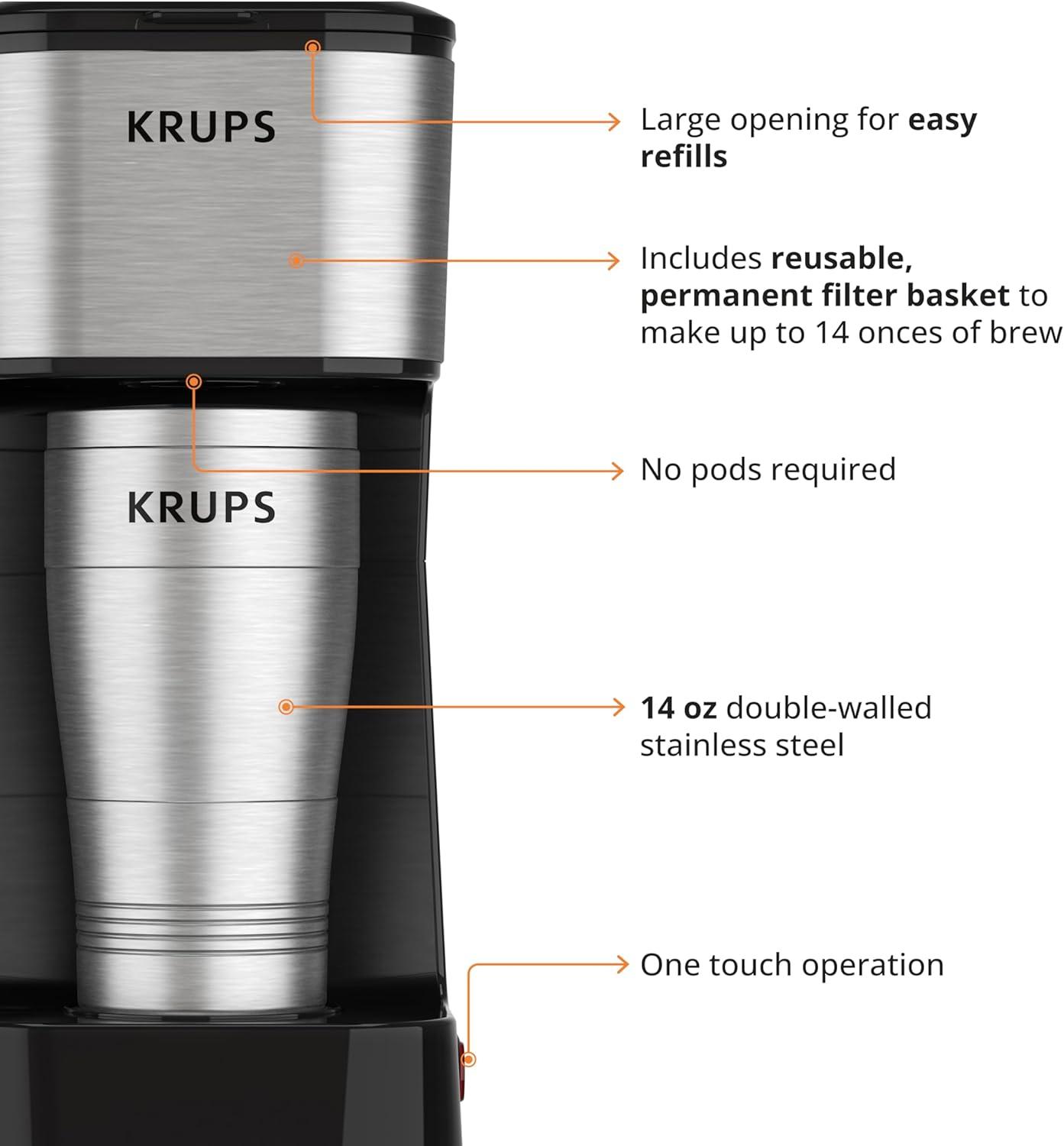 Krups Simply Brew To Go - Single-Serve Coffee Maker with Stainless Steel Travel Mug, 14 fl oz