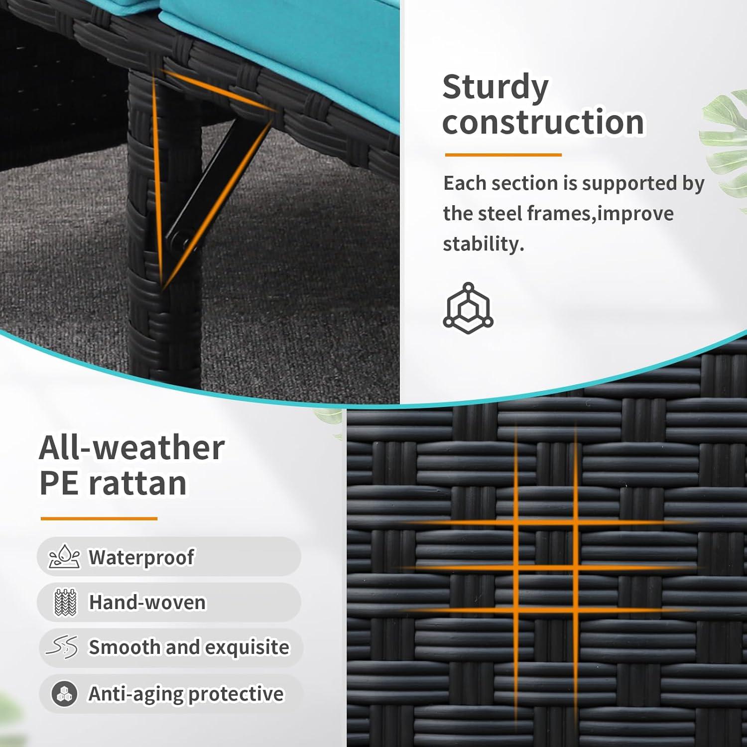 Valita 3-Piece Outdoor PE Rattan Furniture Set Patio Black Wicker Conversation Loveseat Sofa Sectional Couch Turquoise Cushion