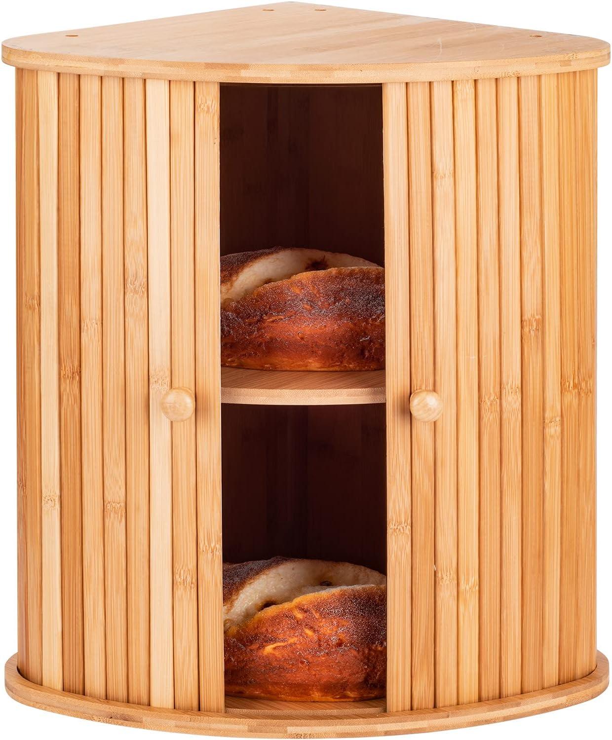 Natural Bamboo 2-Layer Corner Bread Box for Kitchen Countertop